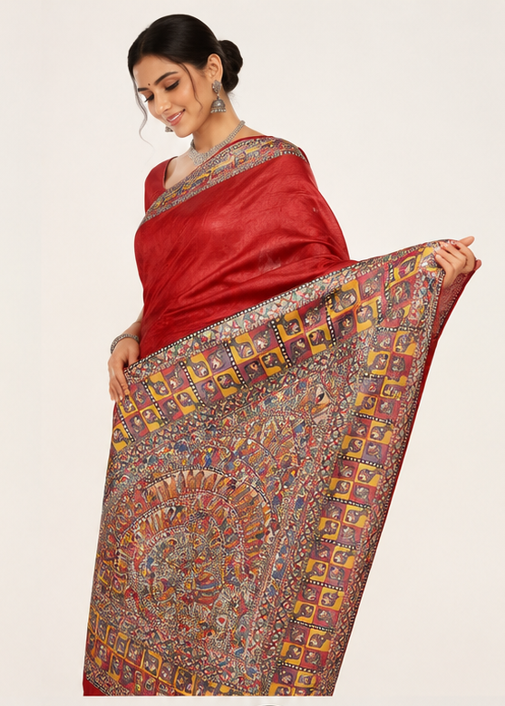 Handpainted Madhubani Desi Tussar Silk Saree in Red with Godhna Style- Fish, Elephant, Peacock Motifs