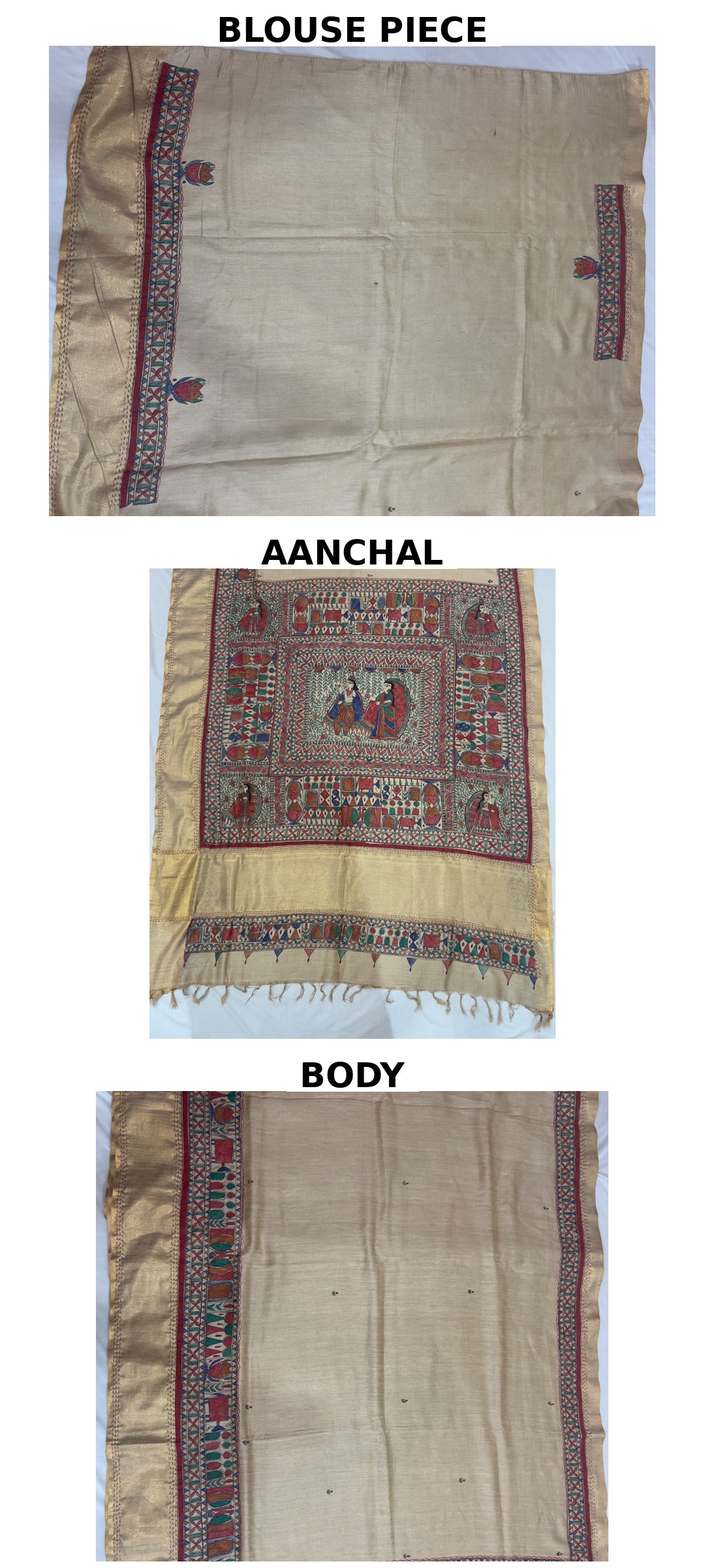 Handpainted Madhubani Tussar Ghicha Silk in Beige with Zari Border in Godhna Style and Radha-Krishna Theme