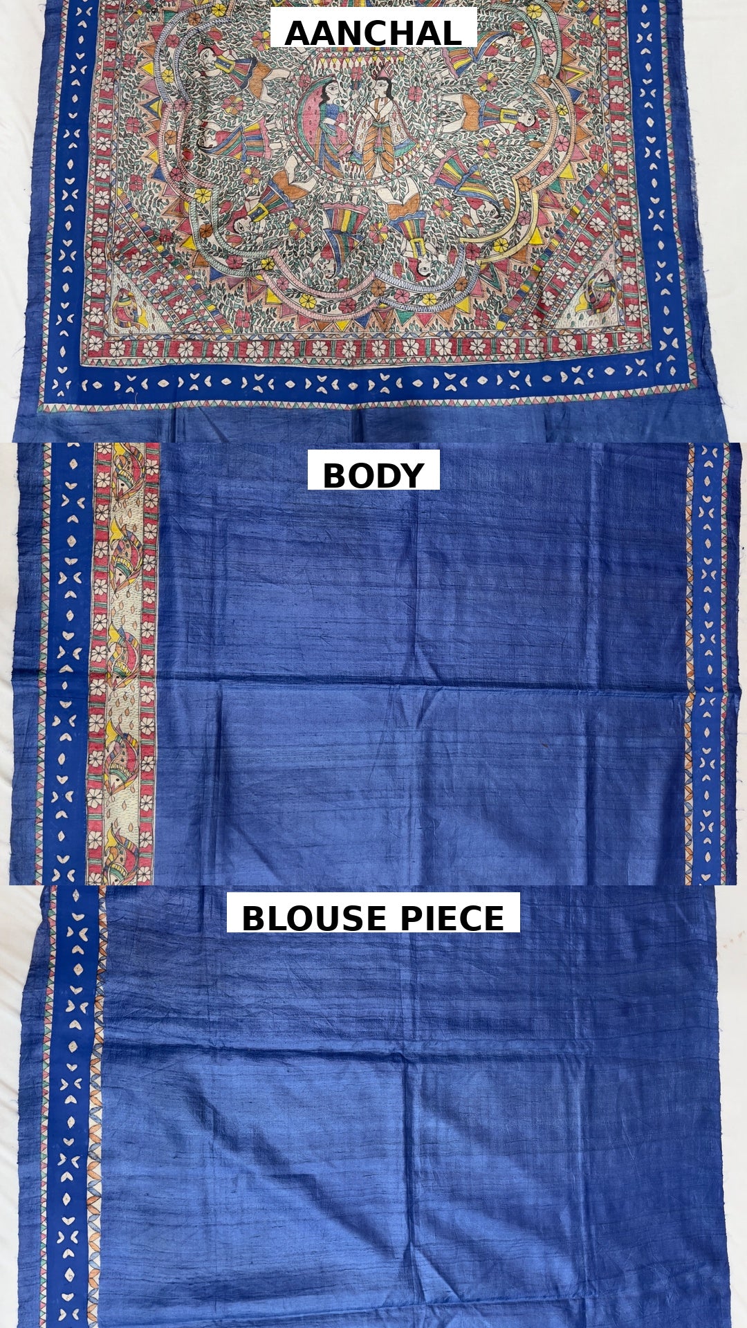 Handpainted Madhubani Desi Tussar Silk Saree in Blue - Rasleela Theme