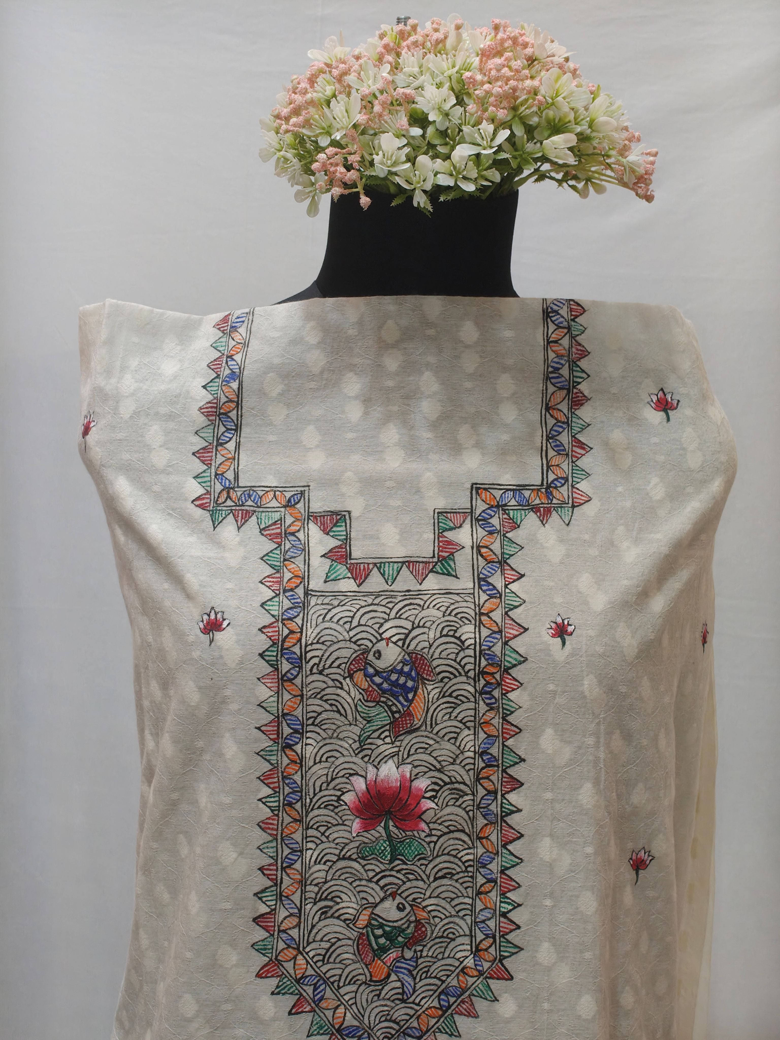 Unstitched Hand-painted Madhubani Radha Krishna Suit Set on Chanderi in Ivory & Maroon