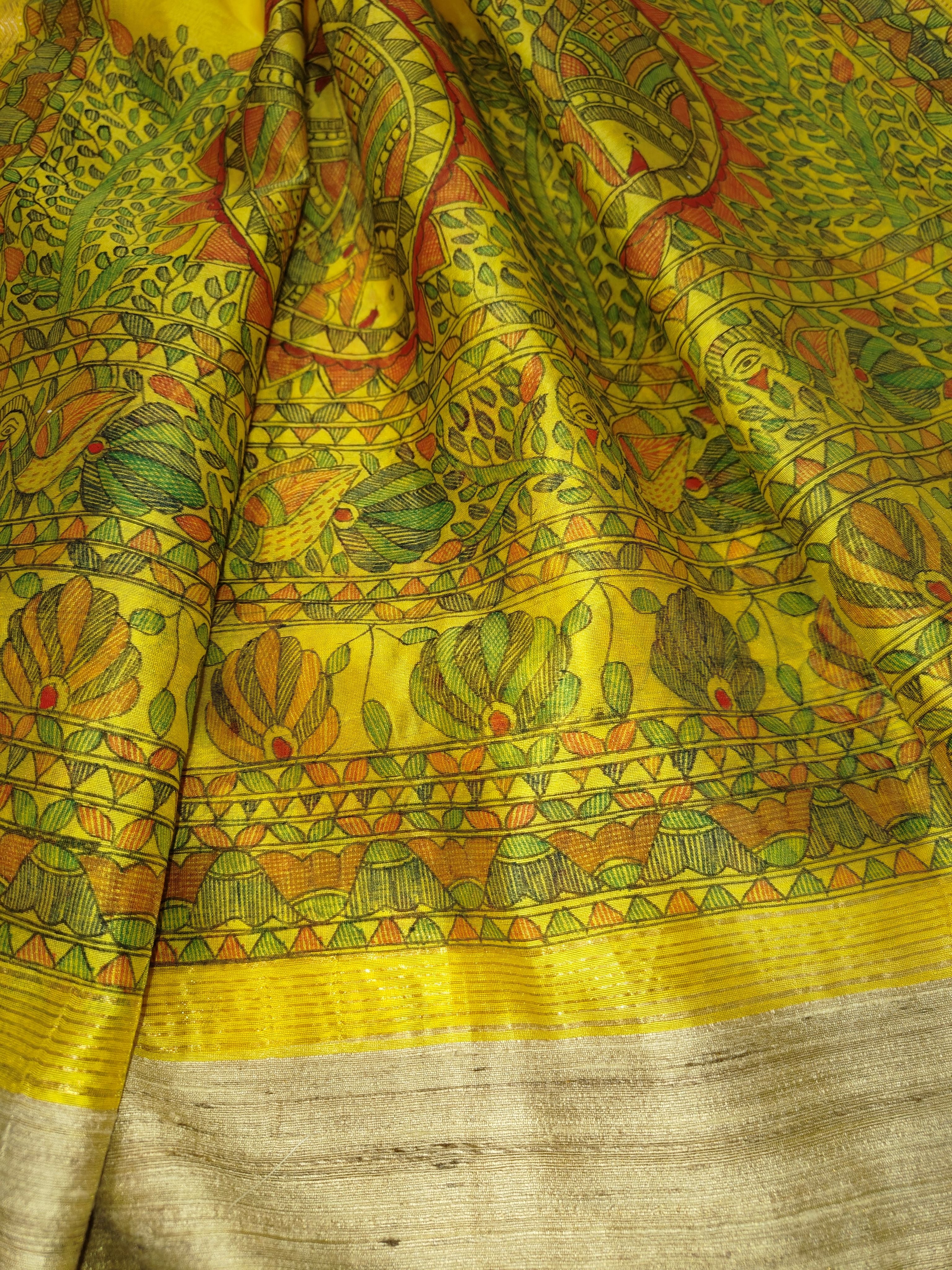 Hand-painted Madhubani Peacock & Floral Unstitched Suit Set on Chanderi in Sunshine Yellow