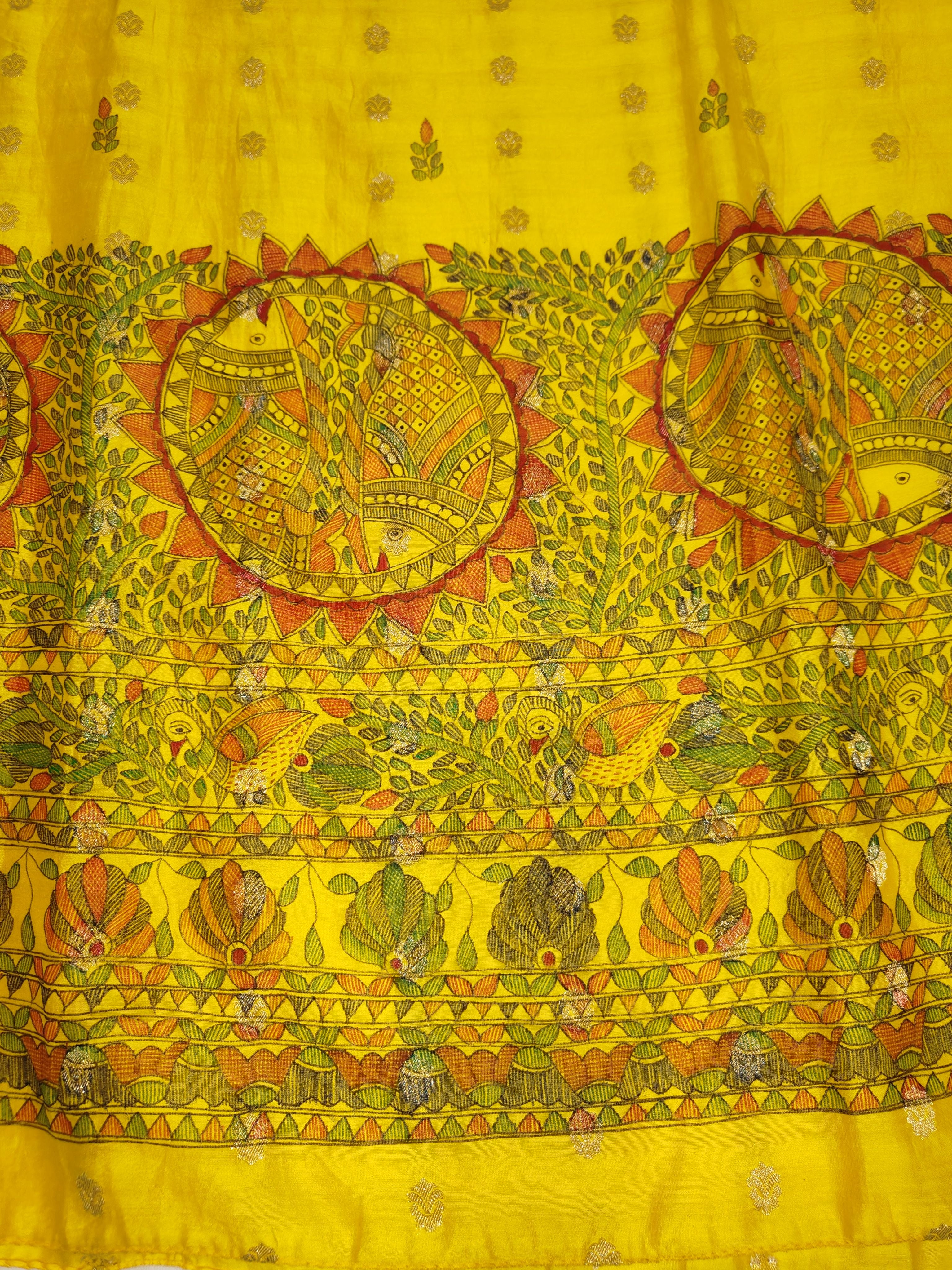 Hand-painted Madhubani Peacock & Floral Unstitched Suit Set on Chanderi in Sunshine Yellow