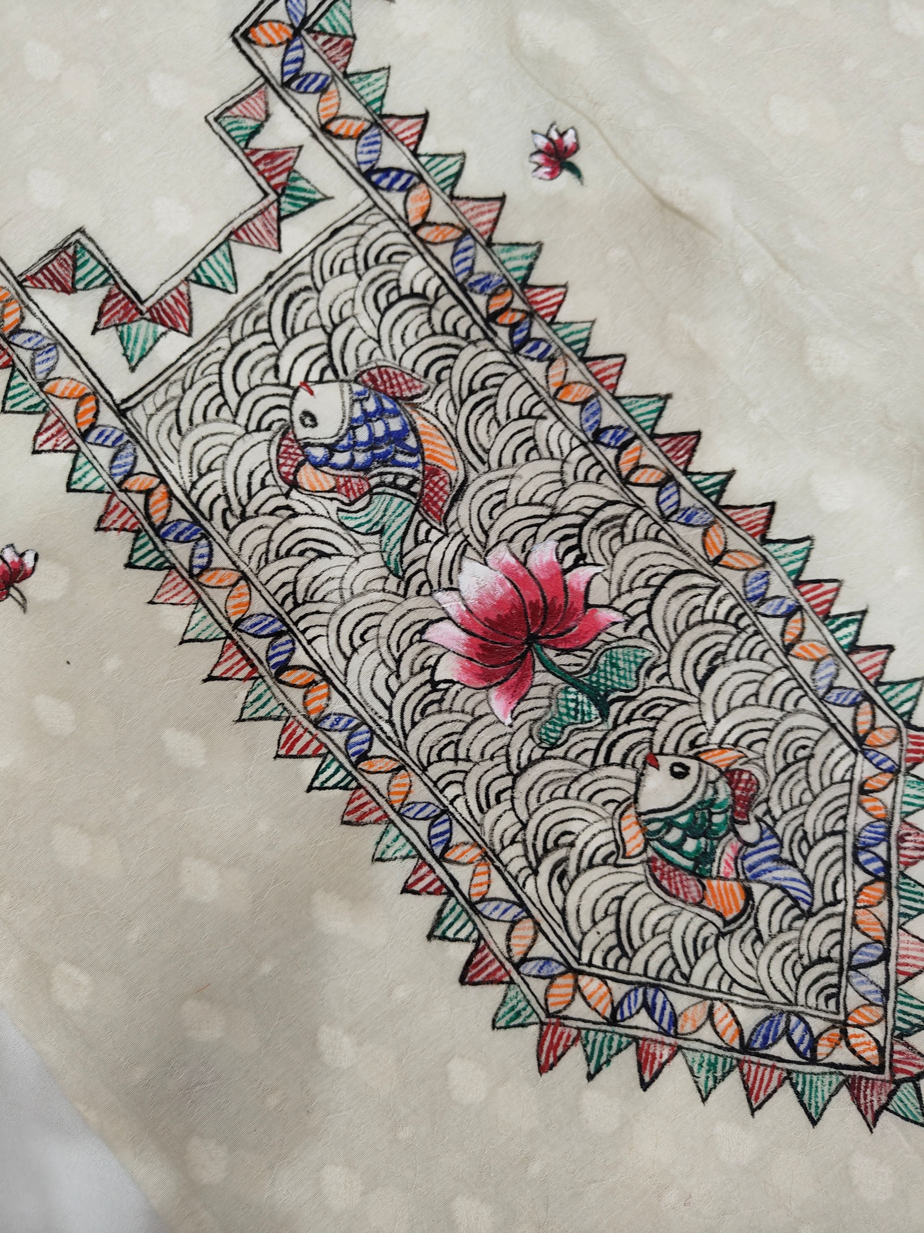 Unstitched Hand-painted Madhubani Radha Krishna Suit Set on Chanderi in Ivory & Maroon