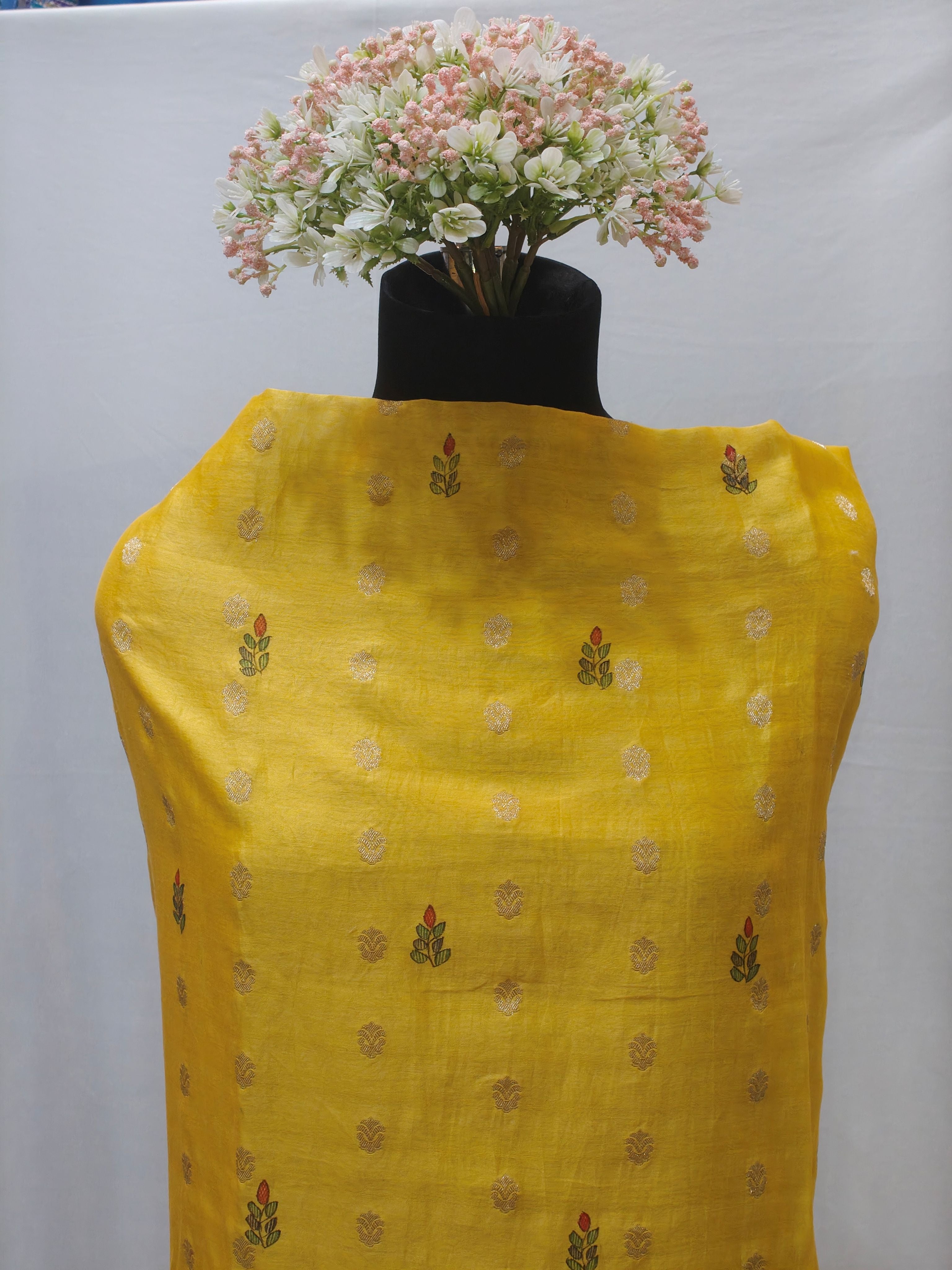 Hand-painted Madhubani Peacock & Floral Unstitched Suit Set on Chanderi in Sunshine Yellow