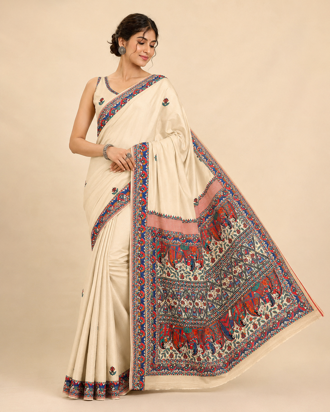 Hand-painted Tussar Munga Silk Saree with All-Over Madhubani Painting & Rich Zari Border