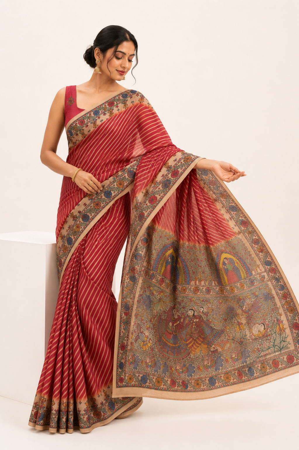 Handpainted Madhubani Leheriya Saree with Peacock & Fish Motifs - Radha Krishna Theme