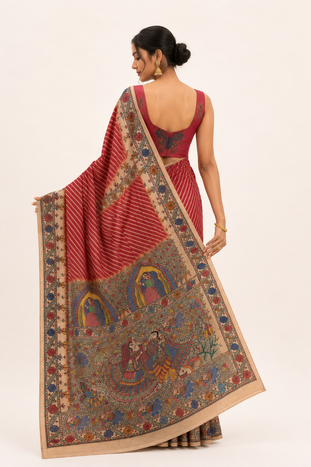Handpainted Madhubani Leheriya Saree with Peacock & Fish Motifs - Radha Krishna Theme
