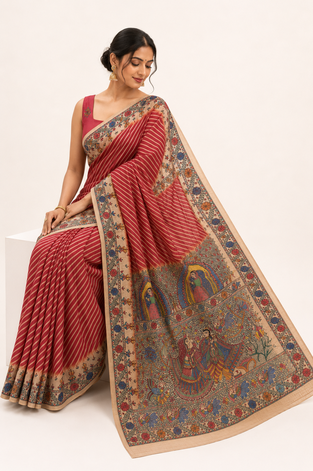 Handpainted Madhubani Leheriya Saree with Peacock & Fish Motifs - Radha Krishna Theme