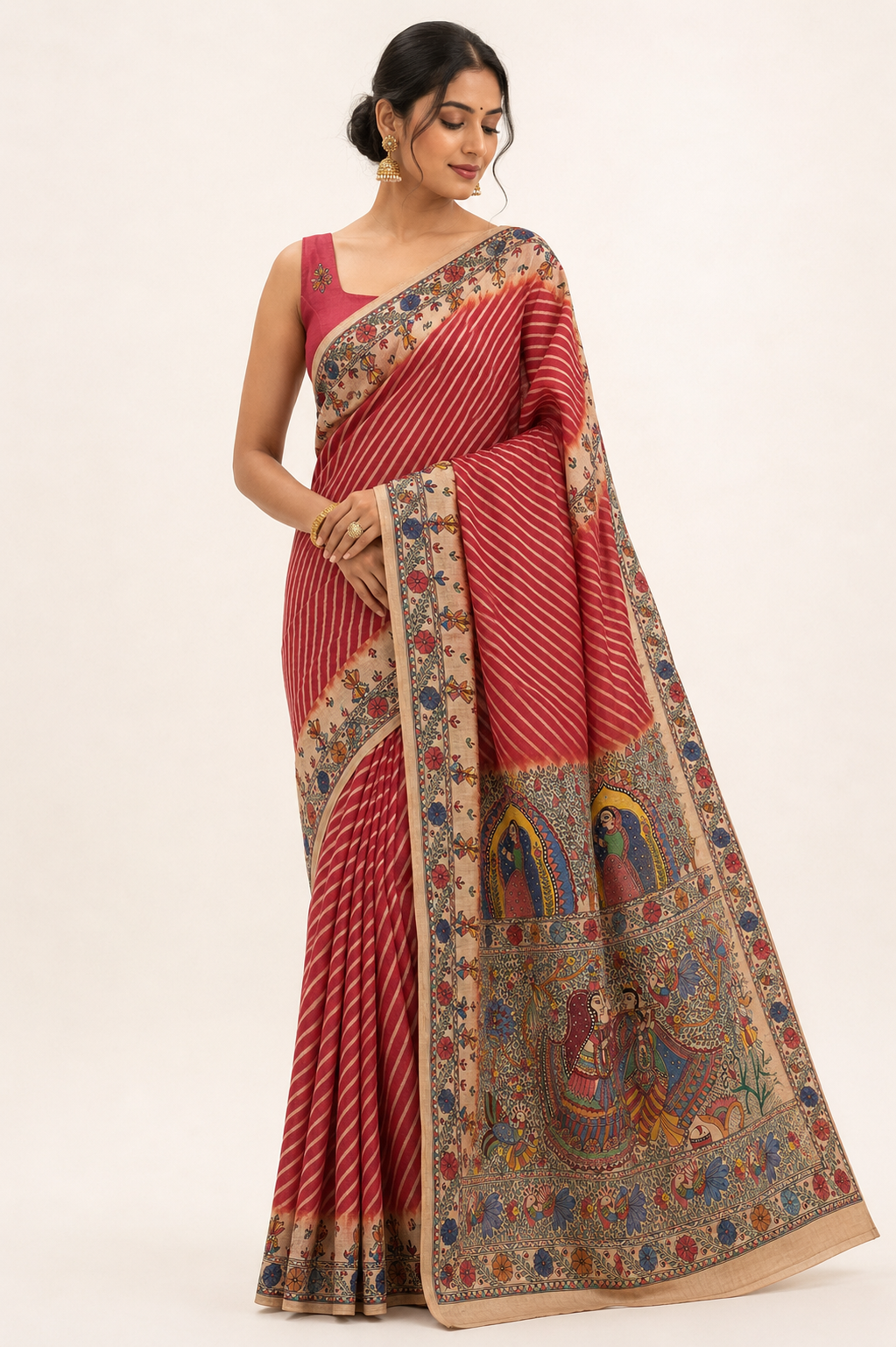 Handpainted Madhubani Leheriya Saree with Peacock & Fish Motifs - Radha Krishna Theme