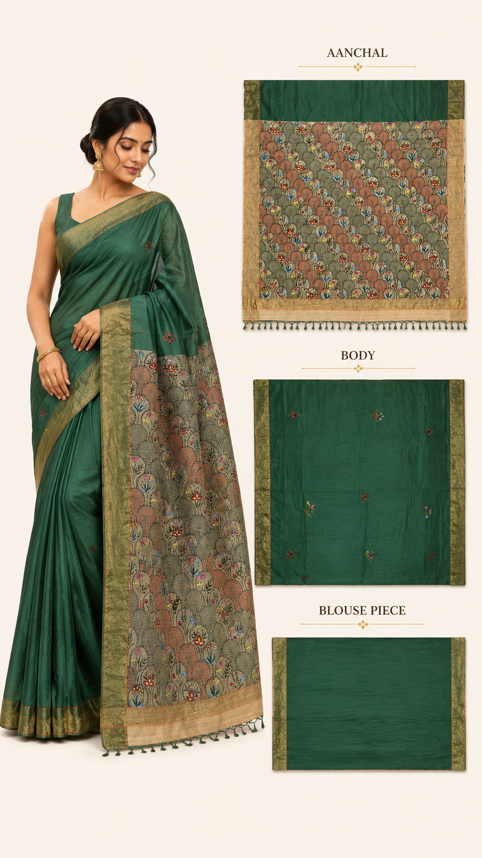 Handpainted Green Madhubani Tussar Staple Silk Saree with Sujani & Zari Border