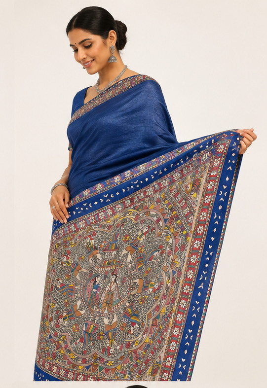 Handpainted Madhubani Desi Tussar Silk Saree in Blue - Rasleela Theme