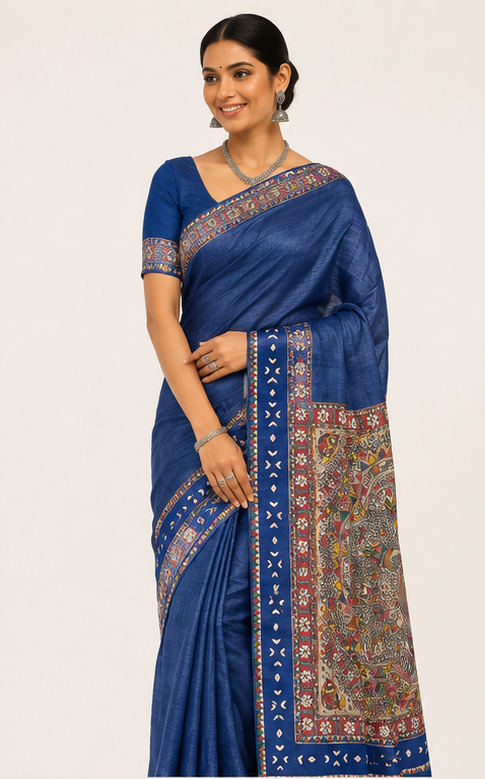 Handpainted Madhubani Desi Tussar Silk Saree in Blue - Rasleela Theme