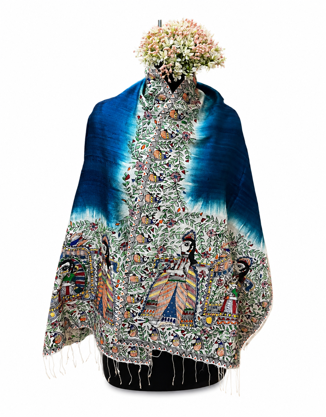 Handpainted Madhubani Dupion Silk Stole with Doli Ka Haar & Peacock Motifs
