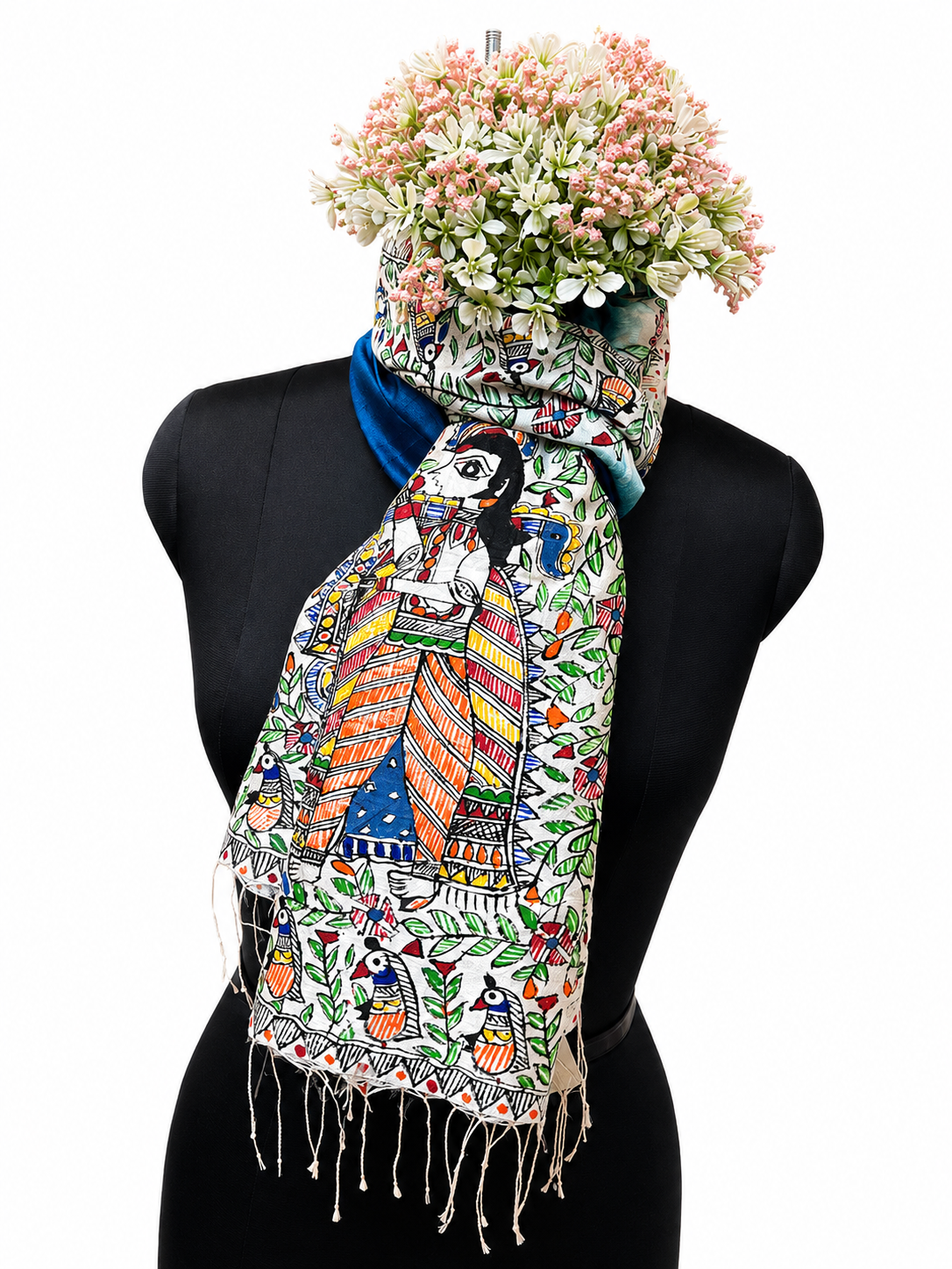 Handpainted Madhubani Dupion Silk Stole with Doli Ka Haar & Peacock Motifs