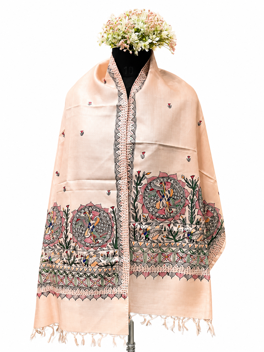 Handpainted Madhubani Tussar Tussar Silk Stole with Fish & Peacock Motifs and Sujani Border