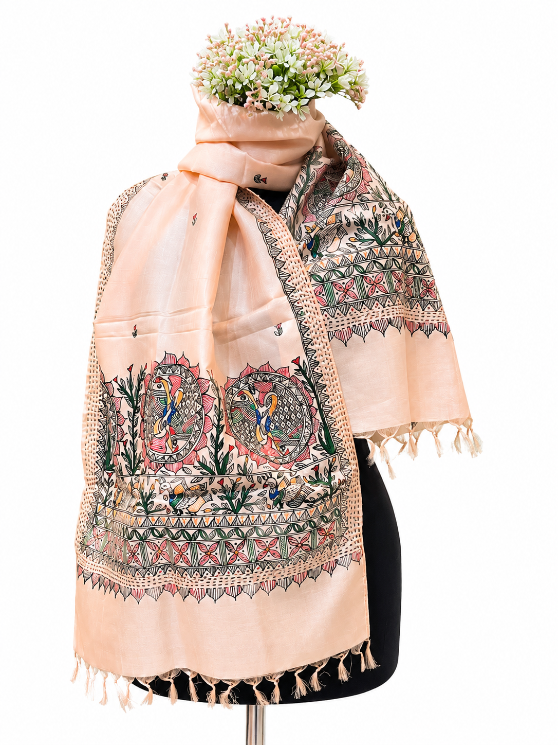 Handpainted Madhubani Tussar Tussar Silk Stole with Fish & Peacock Motifs and Sujani Border