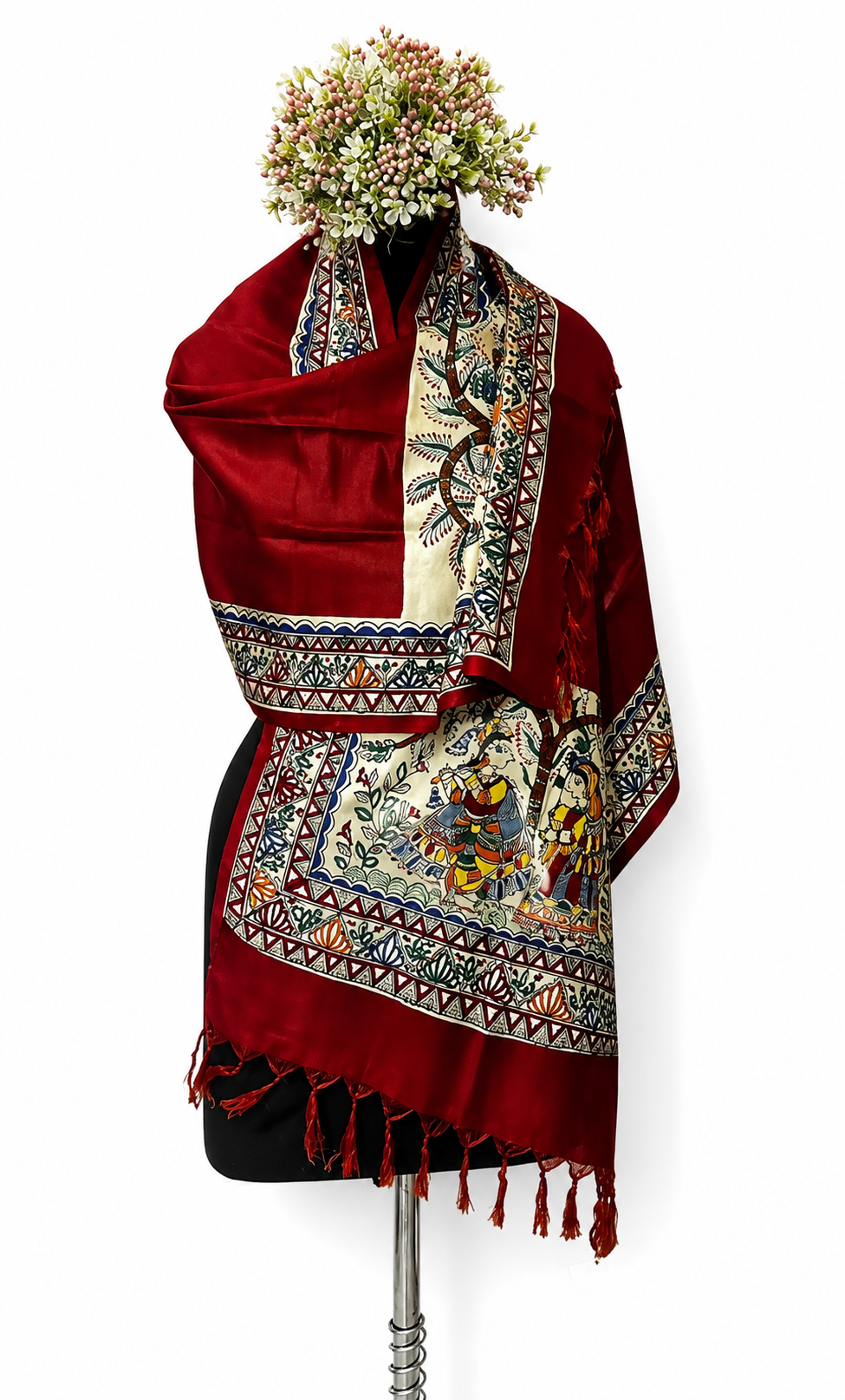 Handpainted Madhubani Cotton Silk Stole in Red-Radha Krishna Theme