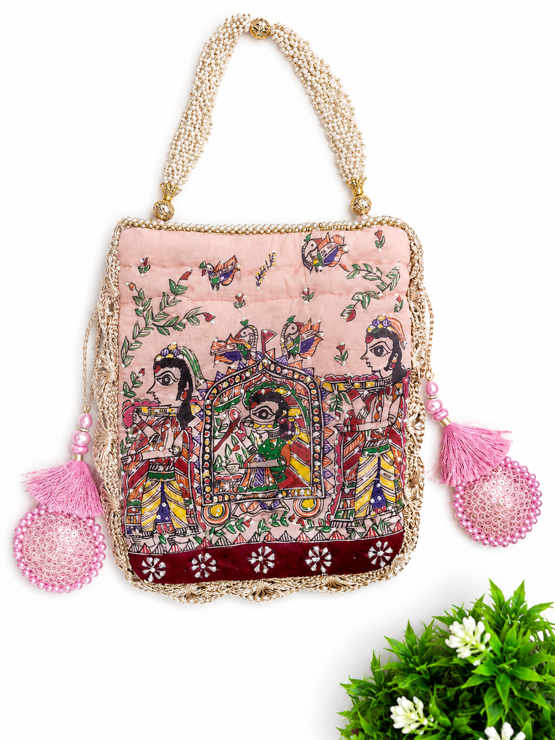 Hand-Painted Madhubani Pink Potli with Doli Ka Haar Motif