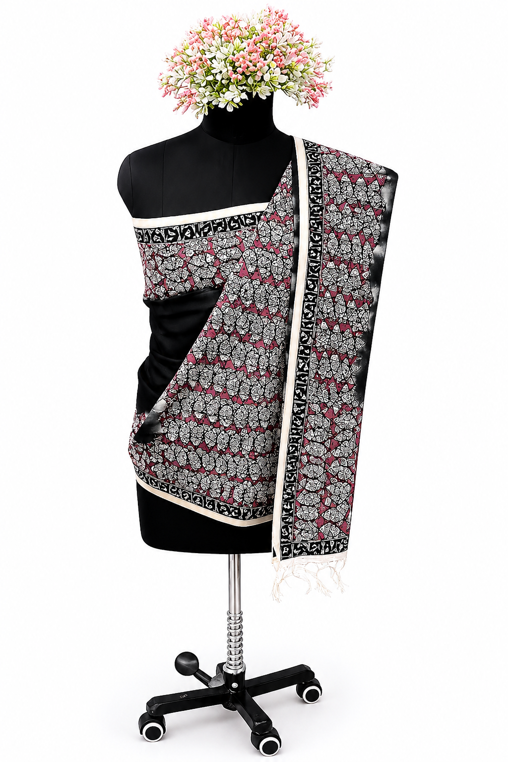 Handpainted Madhubani Tussar Munga Silk Stole with Fish Motifs