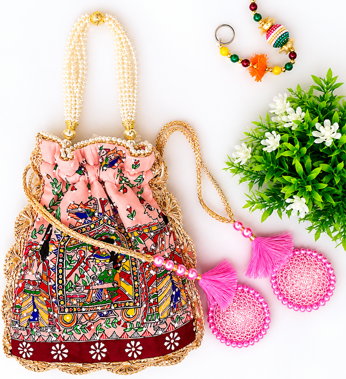Hand-Painted Madhubani Pink Potli with Doli Ka Haar Motif