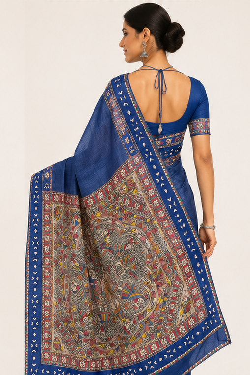 Handpainted Madhubani Desi Tussar Silk Saree in Blue - Rasleela Theme