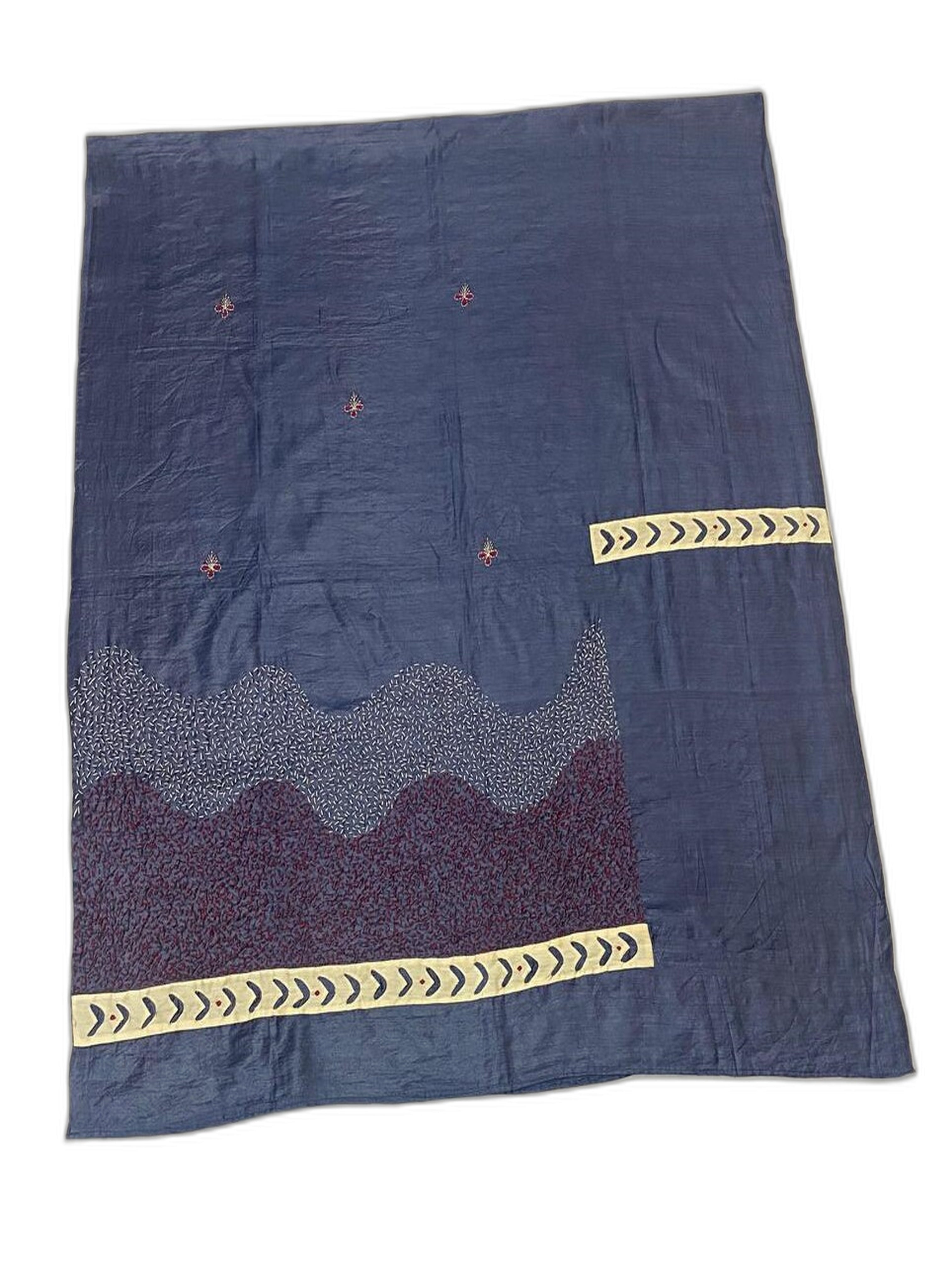 Hand-Embroidered Tussar Munga Silk Suit Set in Dark Blue – Sujni Elegance with Applique Detailing