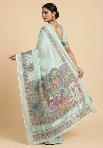 Hand-painted Madhubani Tissue Kasavu Kerala Saree – Pastel Mint Green