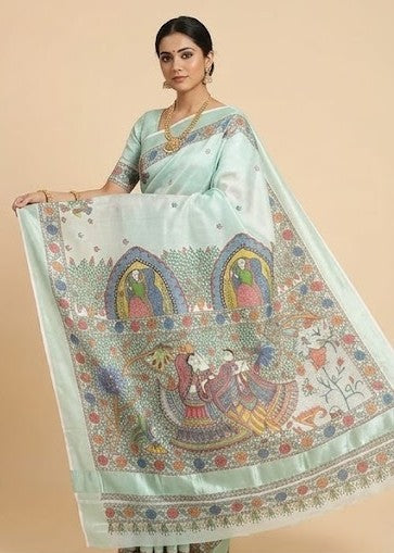 Hand-painted Madhubani Tissue Kasavu Kerala Saree – Pastel Mint Green
