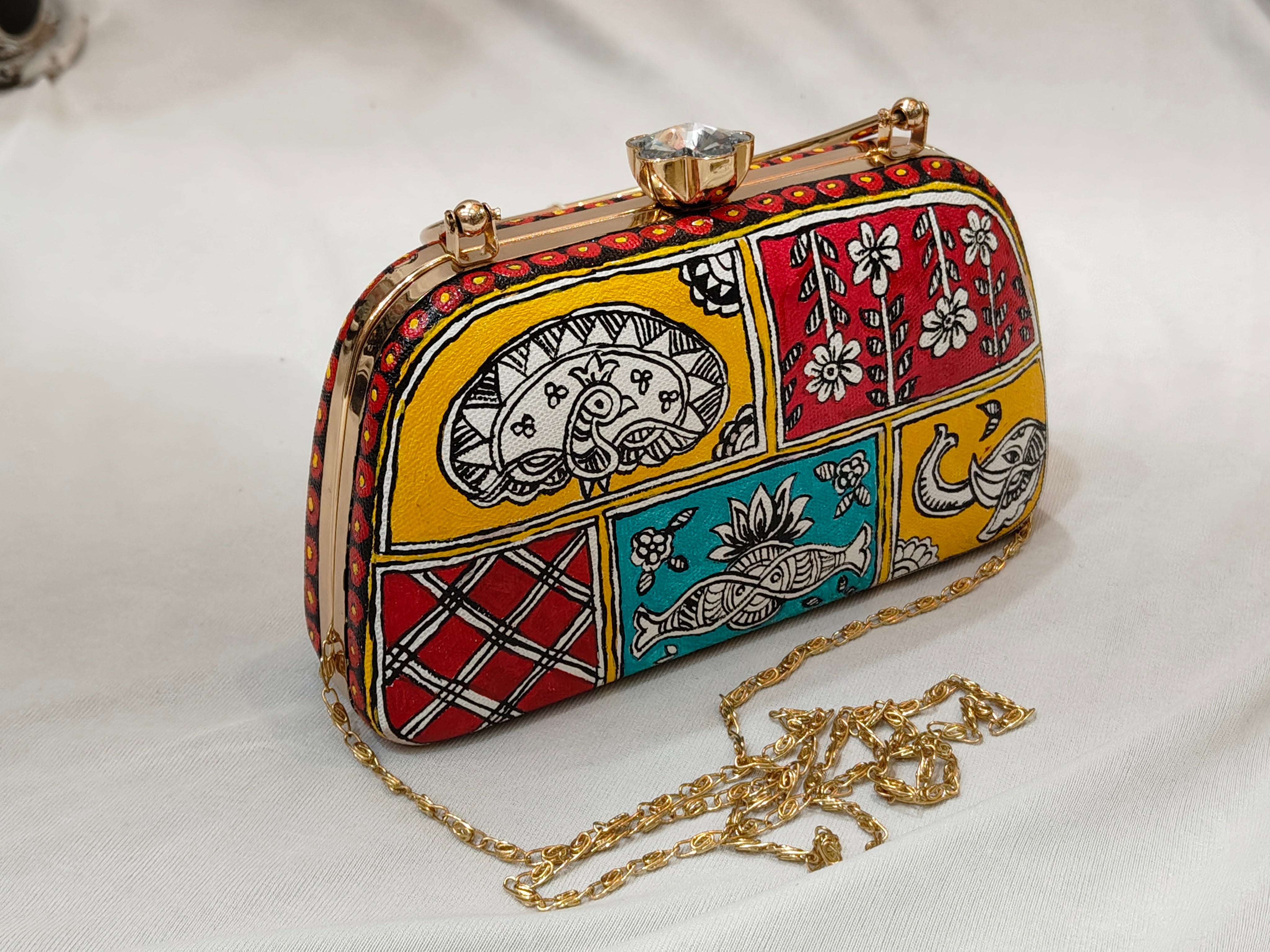 Hand-Painted Madhubani Clutch with Different Motifs