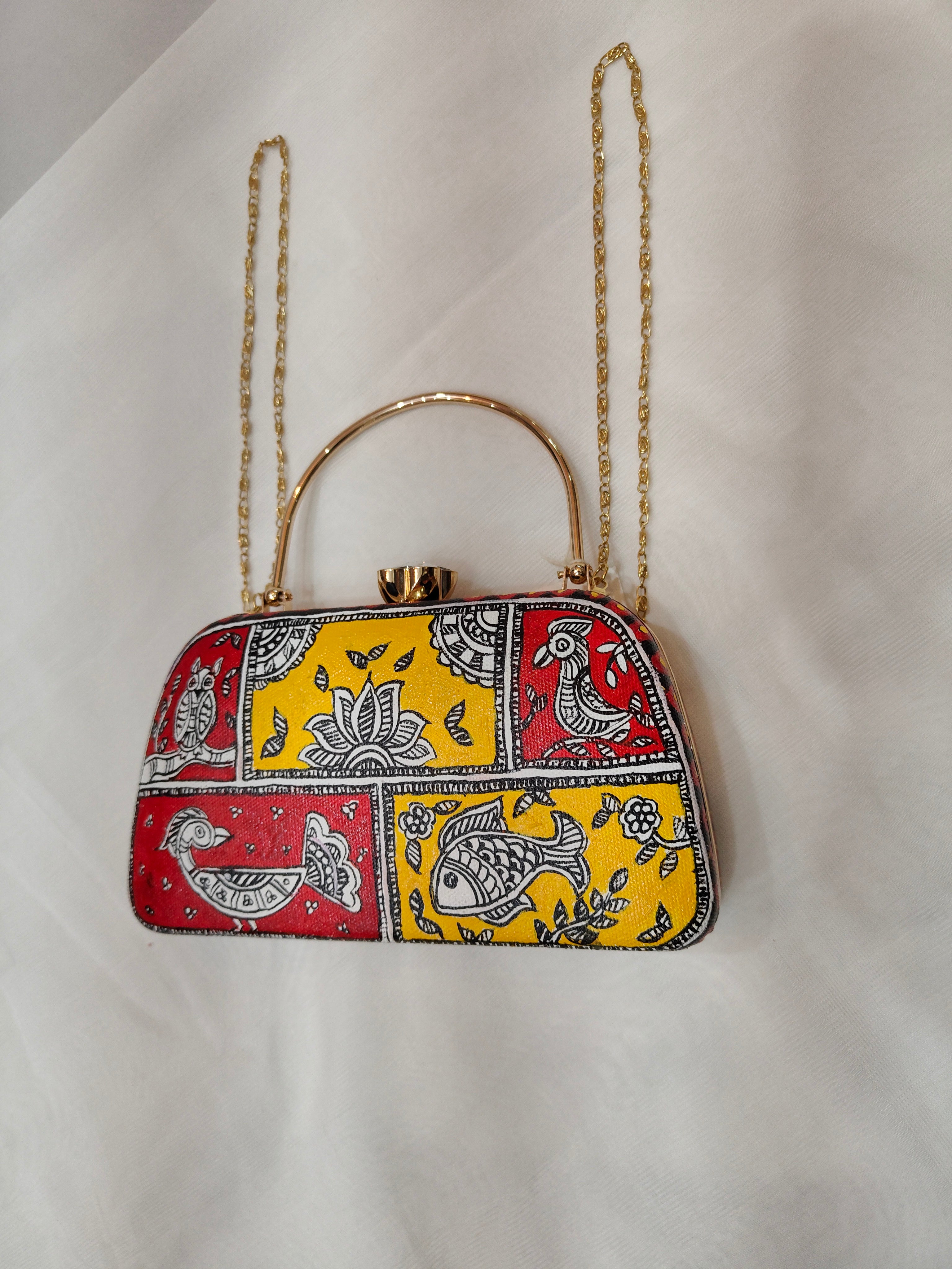 Hand-Painted Madhubani Clutch with Different Motifs