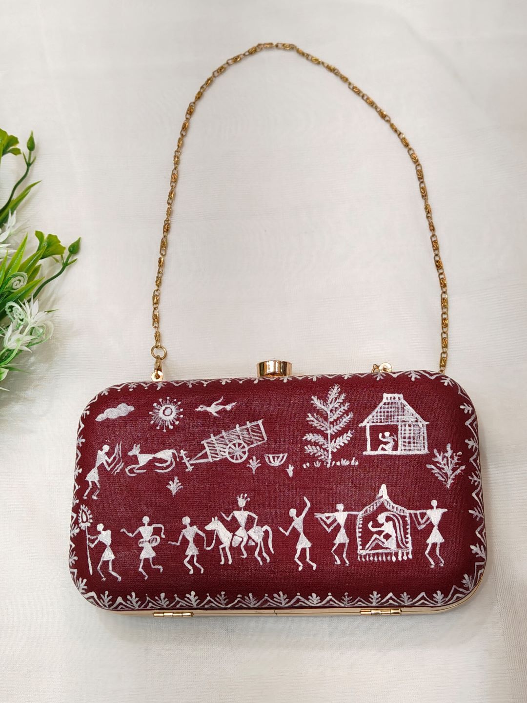 Handpainted Worli Art Clutch on Canvas with Metal Clip – Maroon Base