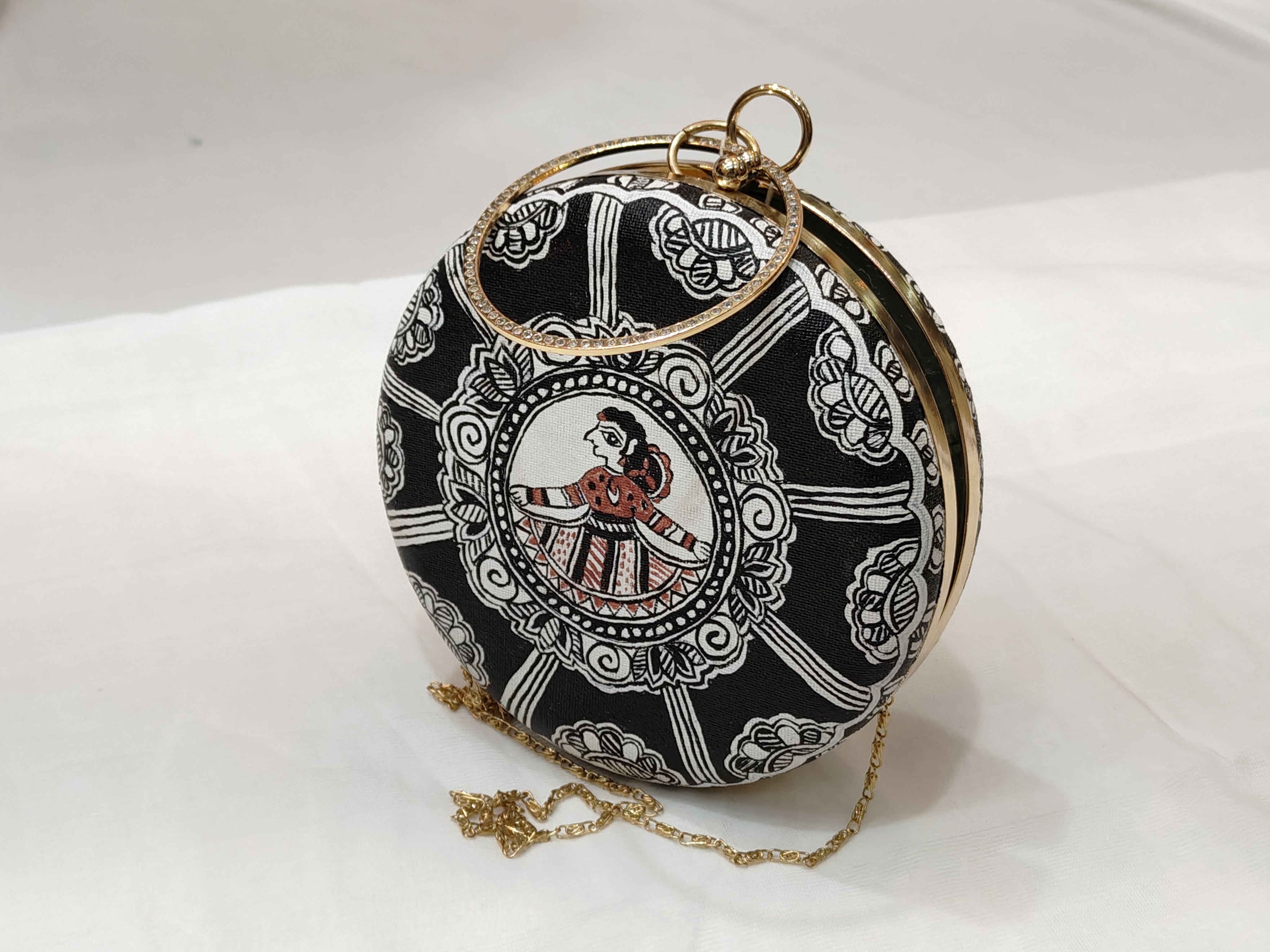 Handpainted Black & White Round Madhubani Clutch