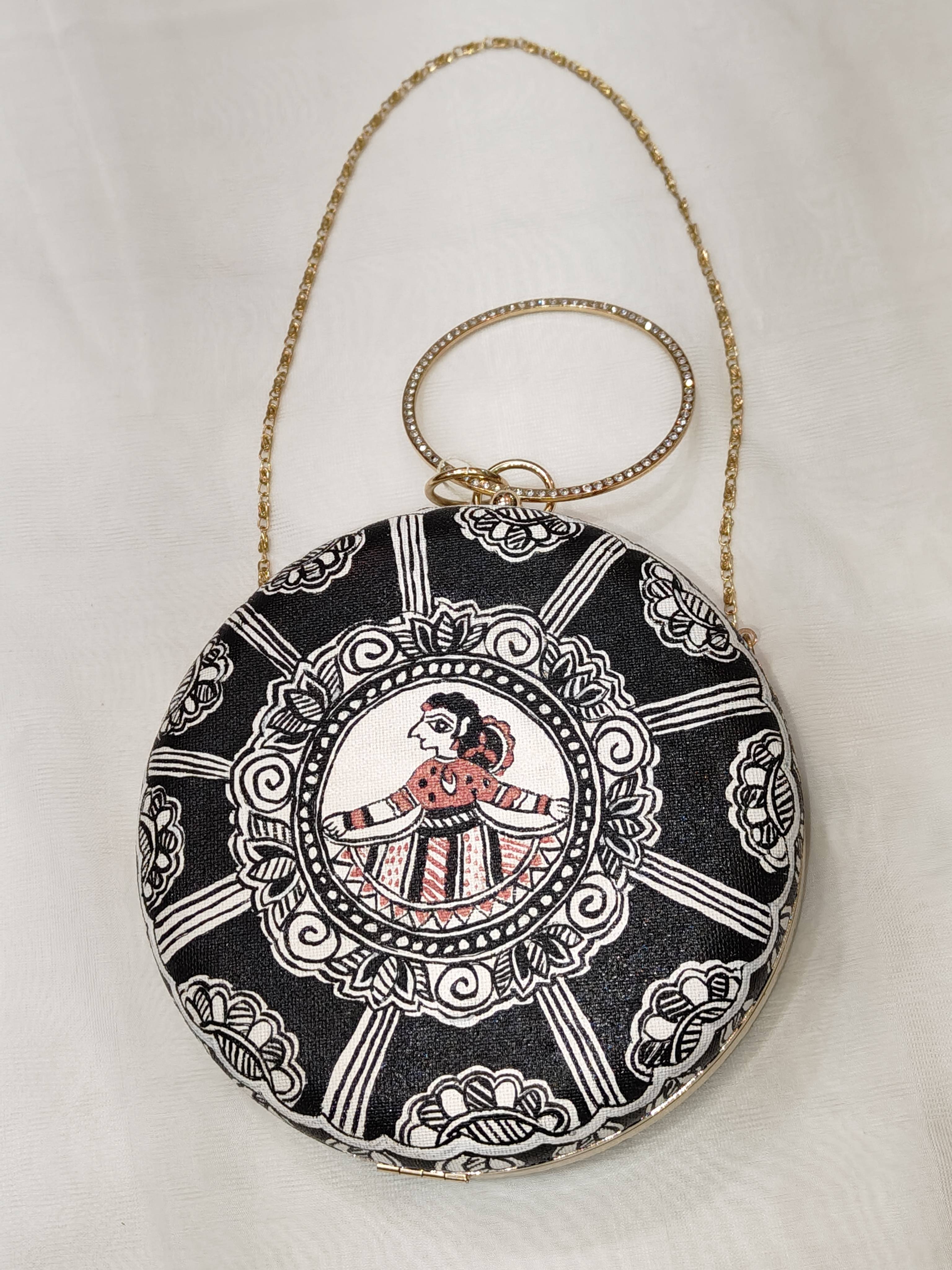 Handpainted Black & White Round Madhubani Clutch