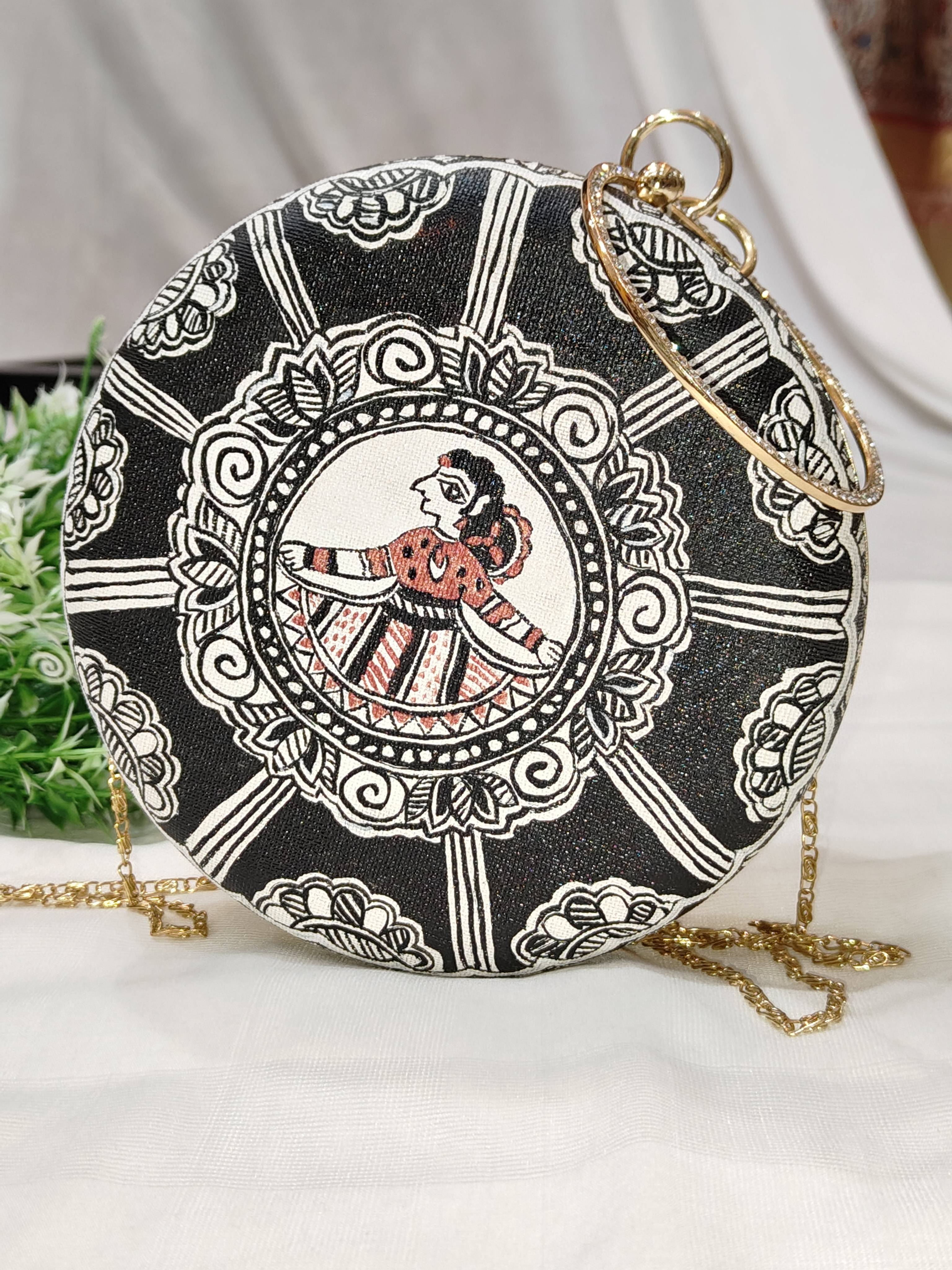 Handpainted Black & White Round Madhubani Clutch