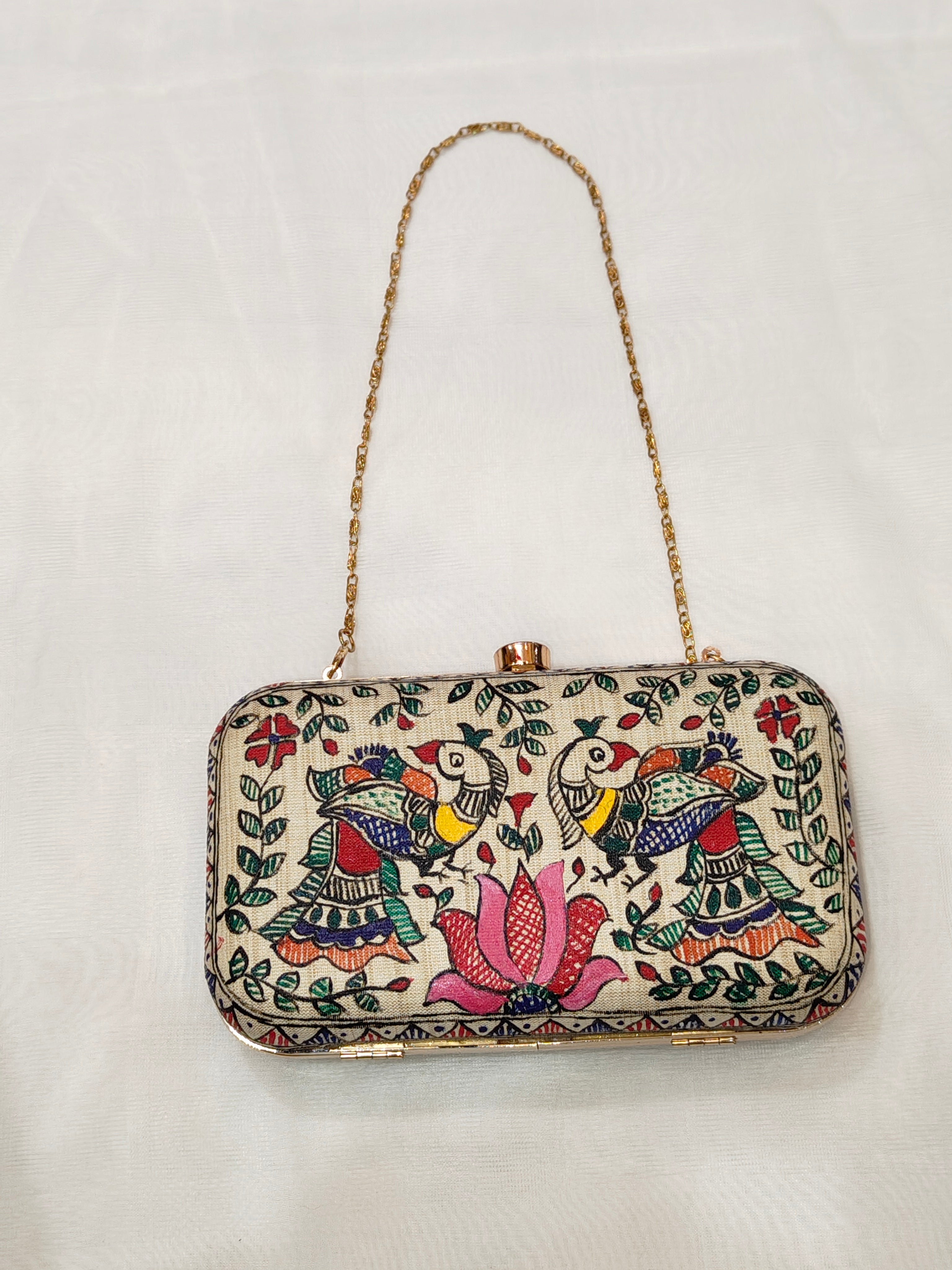 Handpainted Madhubani Silk Clutch – Doli Ka Haar & Peacock Design