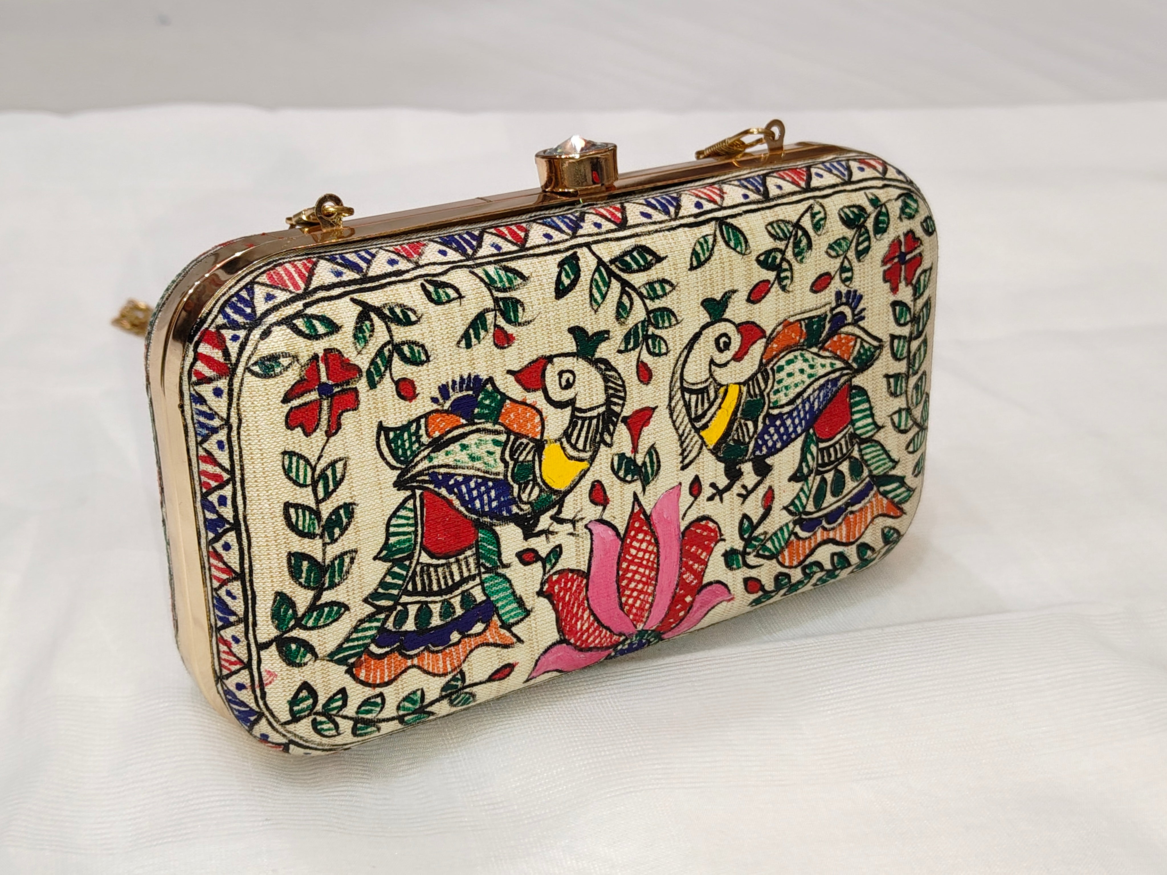 Handpainted Madhubani Silk Clutch – Doli Ka Haar & Peacock Design