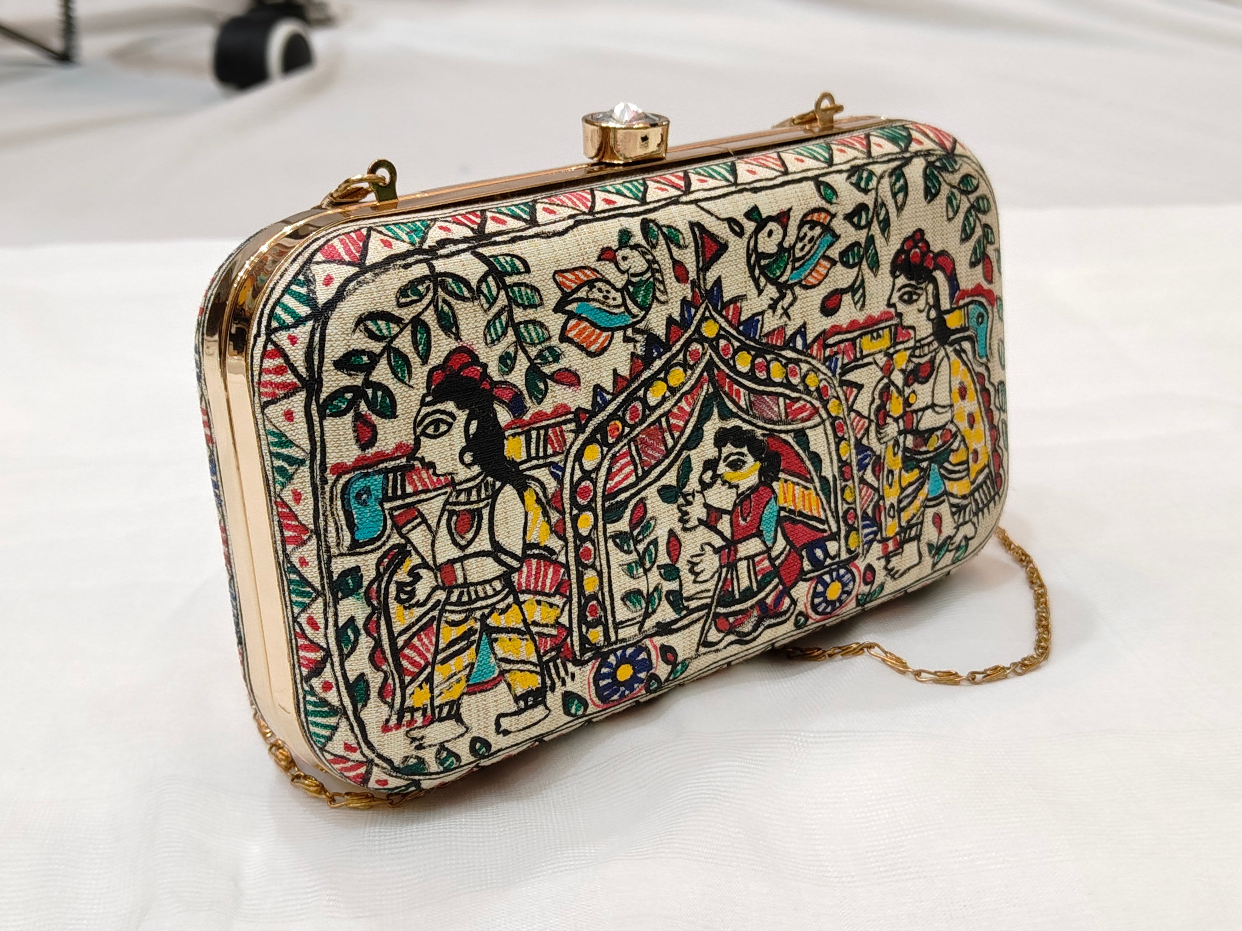 Handpainted Madhubani Silk Clutch – Doli Ka Haar & Peacock Design