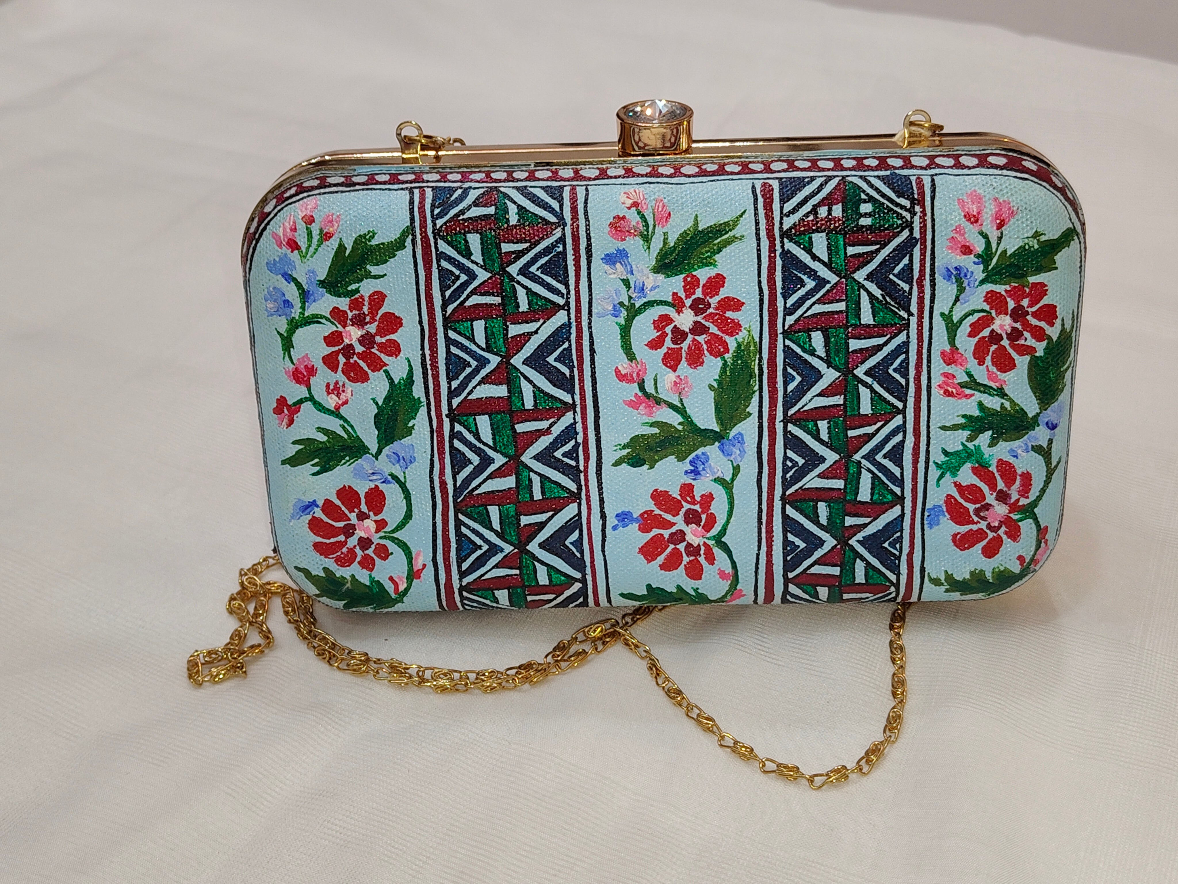 Sky Blue Handpainted Madhubani Clutch