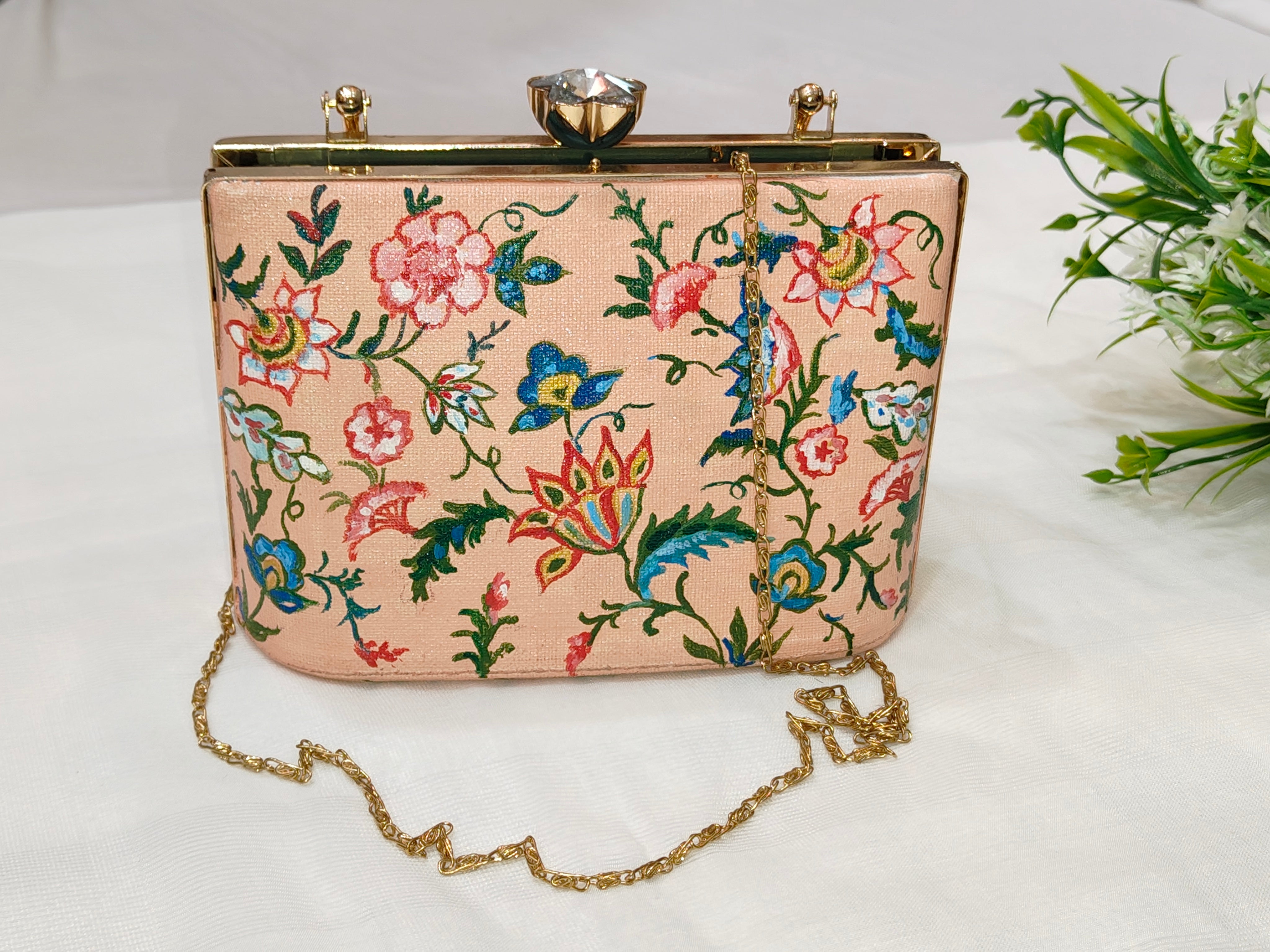 Handpainted Floral Clutch – Peach Base