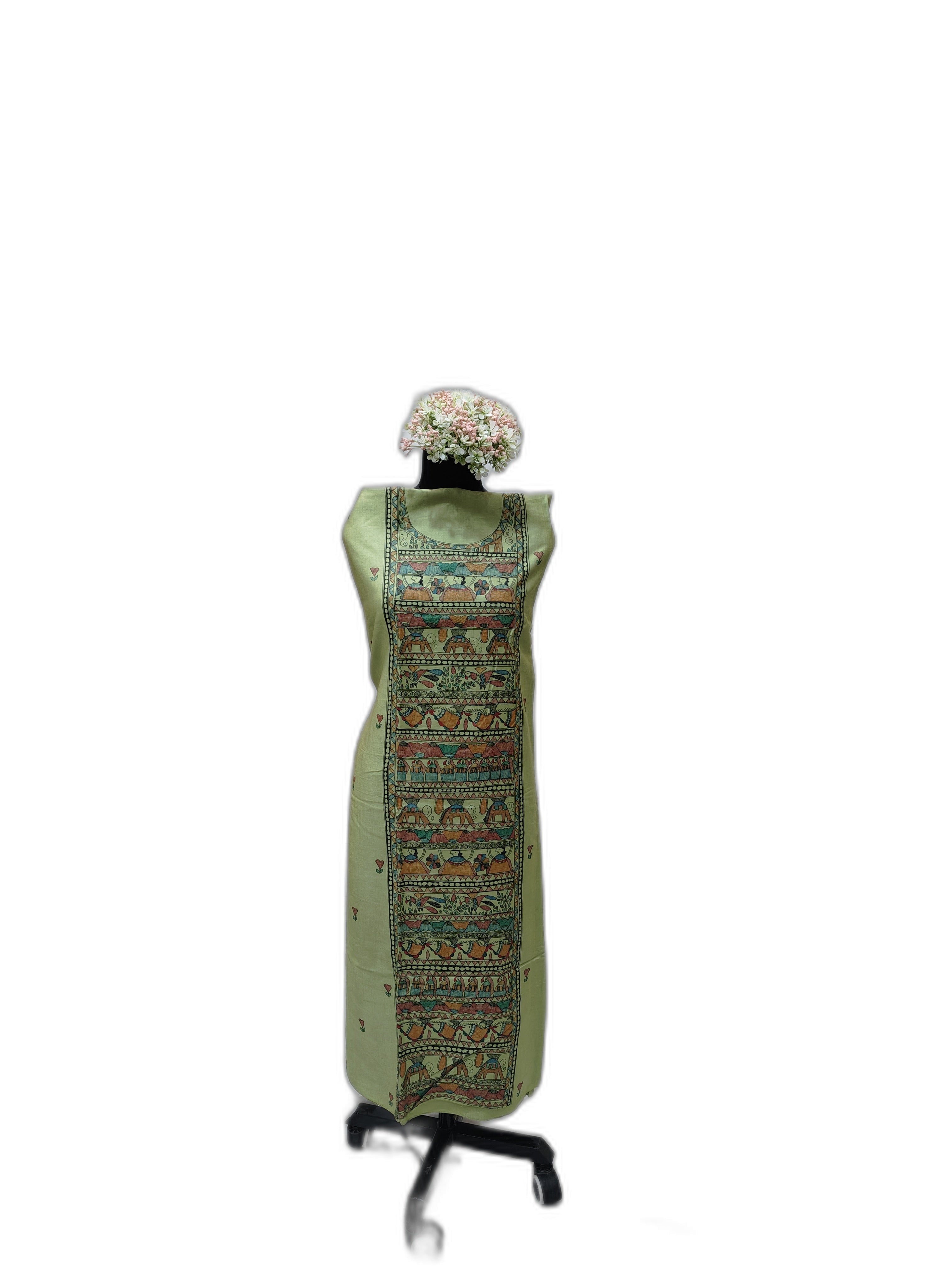 Hand-Painted Madhubani Unstitched Kurti on Cotton Silk – Green
