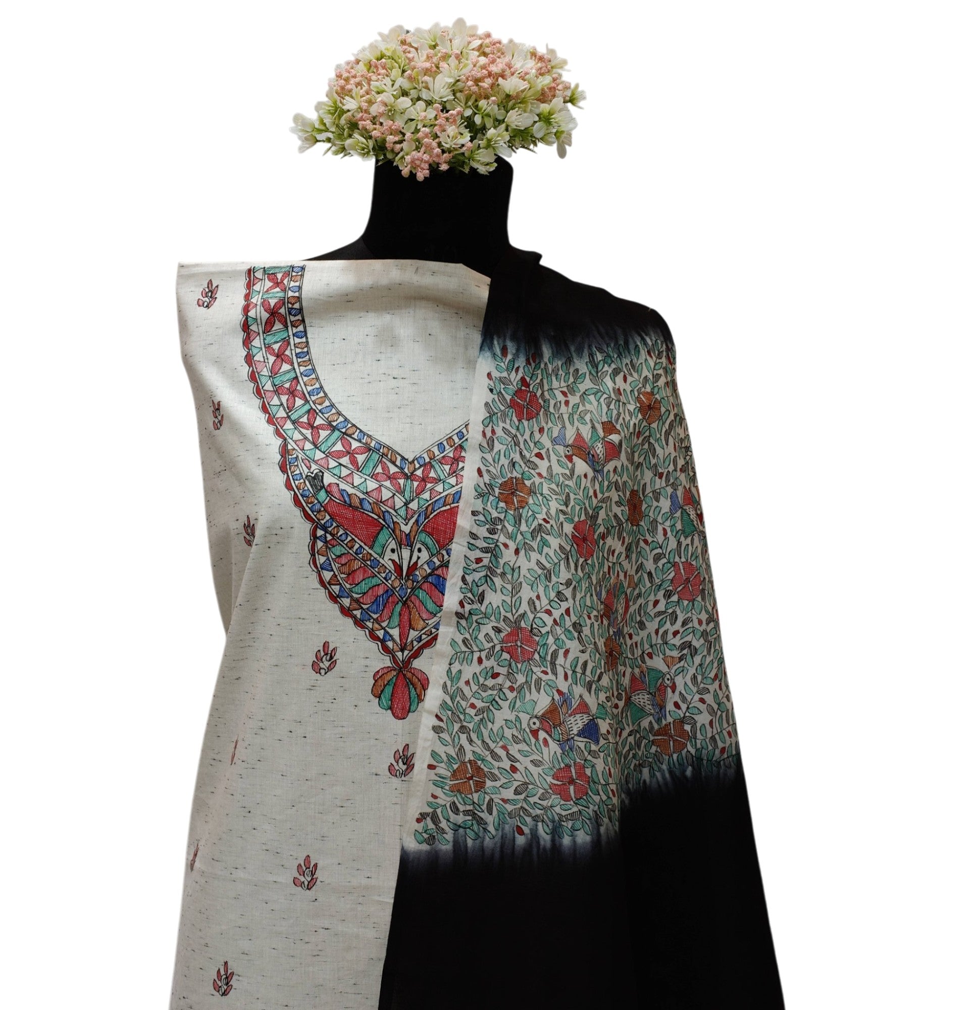 Hand-Painted Madhubani Unstitched  Cotton Suit Set with Chanderi Dupatta