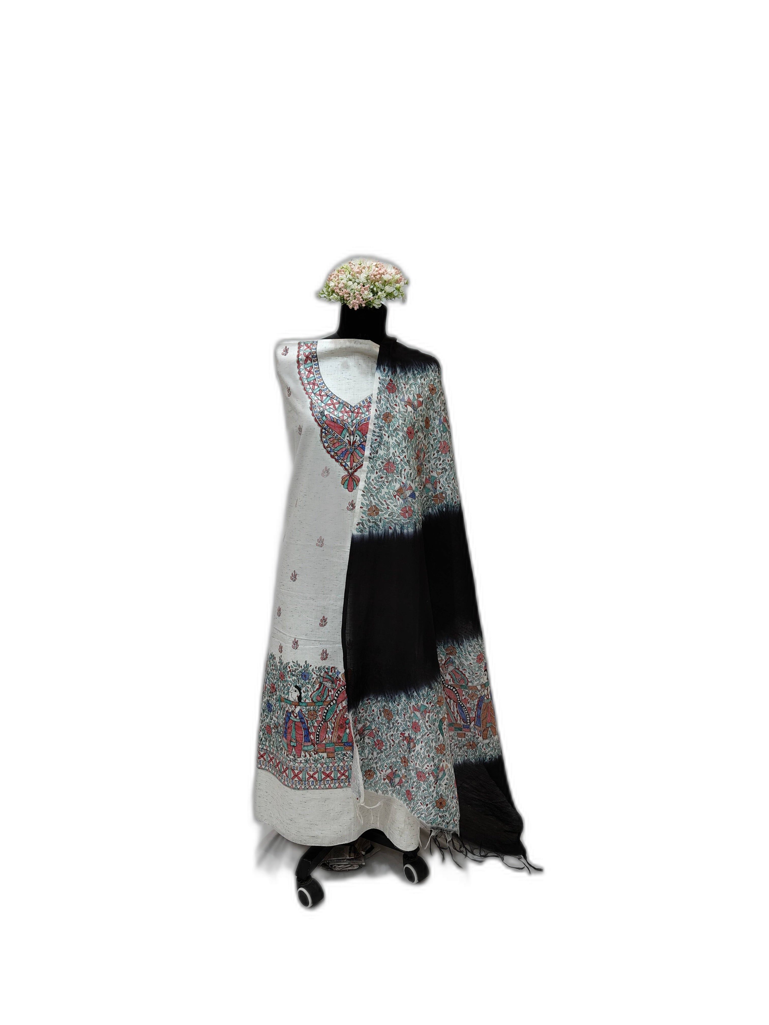 Hand-Painted Madhubani Unstitched  Cotton Suit Set with Chanderi Dupatta