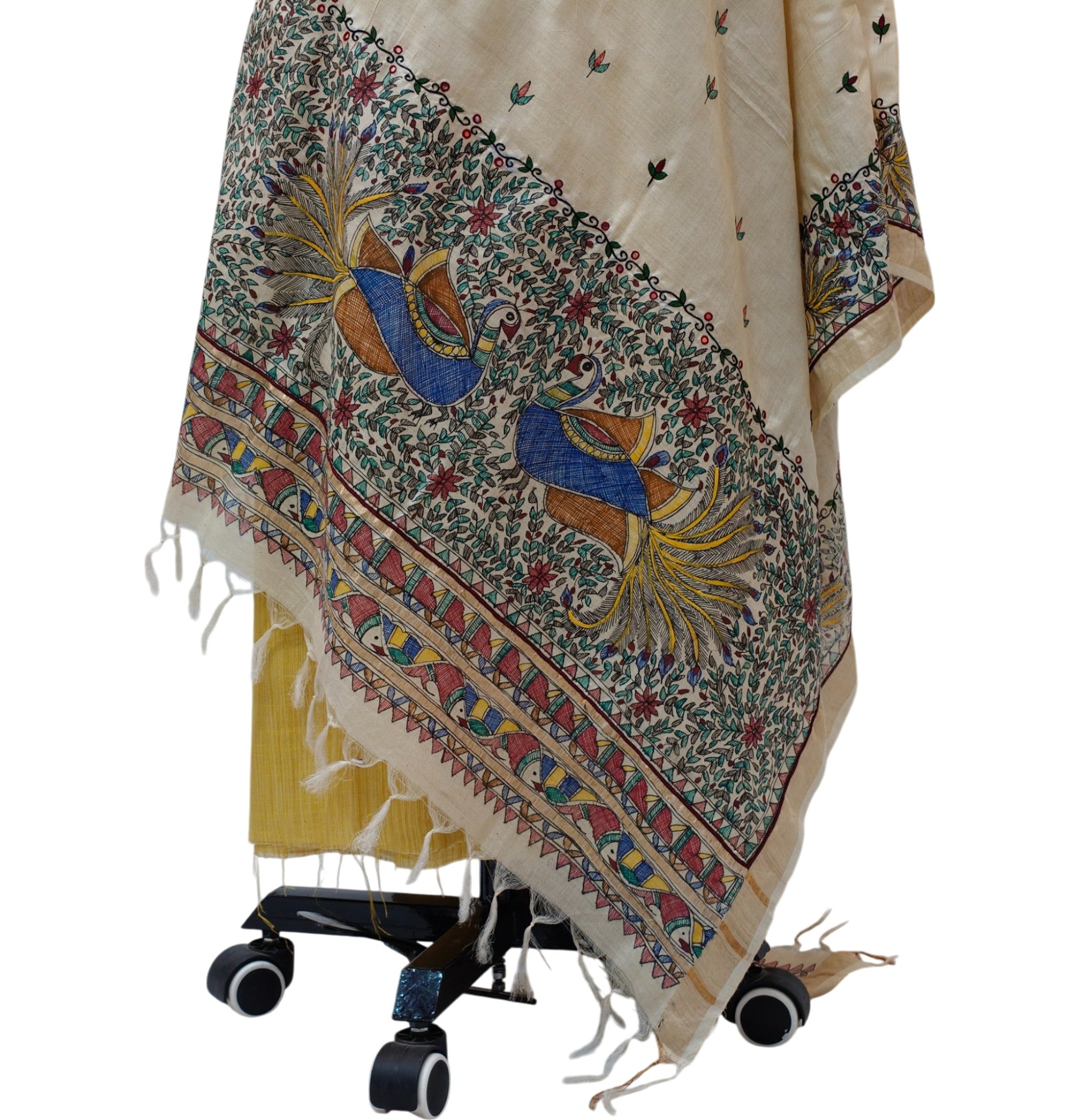Hand-Painted Madhubani Unstitched Khadi Suit Set with Tussar Dupatta