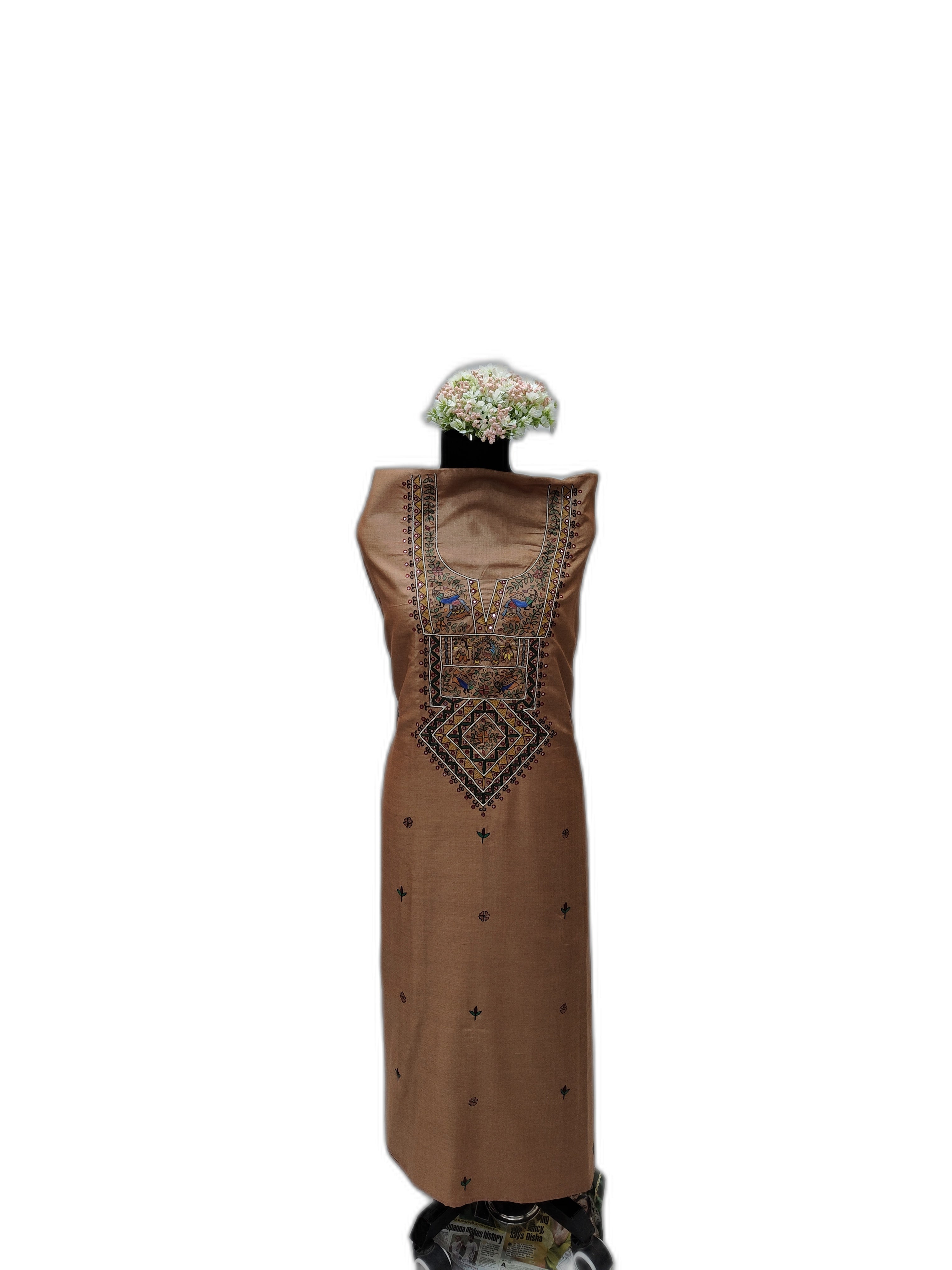 Hand-Painted &  Hand Embroidery (AARI WORK) Unstitched Suit Set on Handwoven Tussar Munga Silk