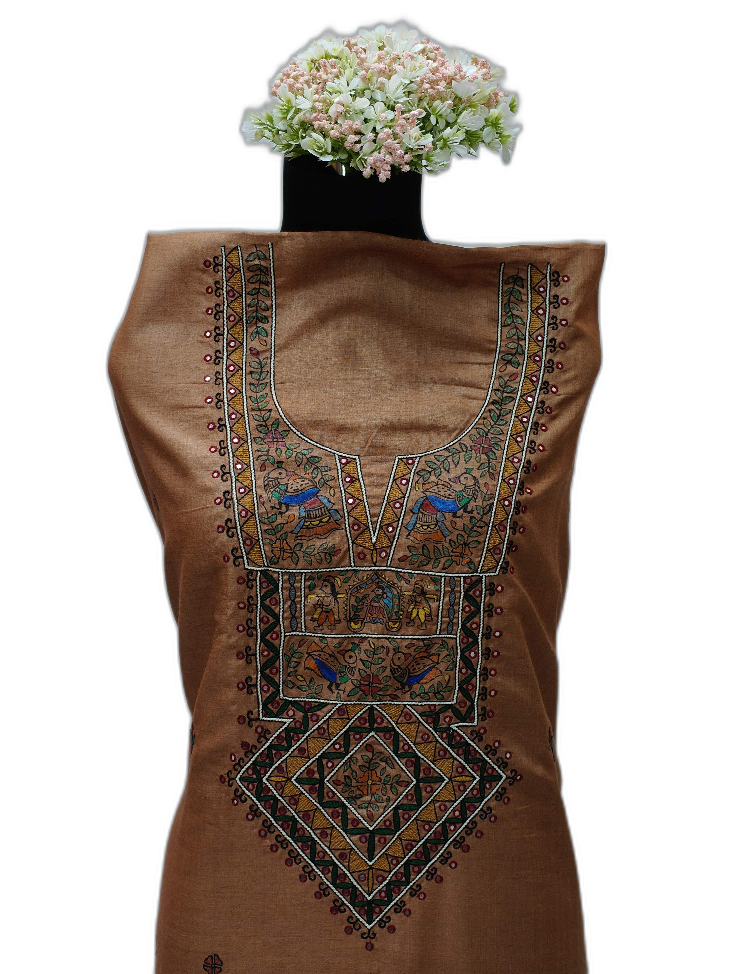 Hand-Painted &  Hand Embroidery (AARI WORK) Unstitched Suit Set on Handwoven Tussar Munga Silk