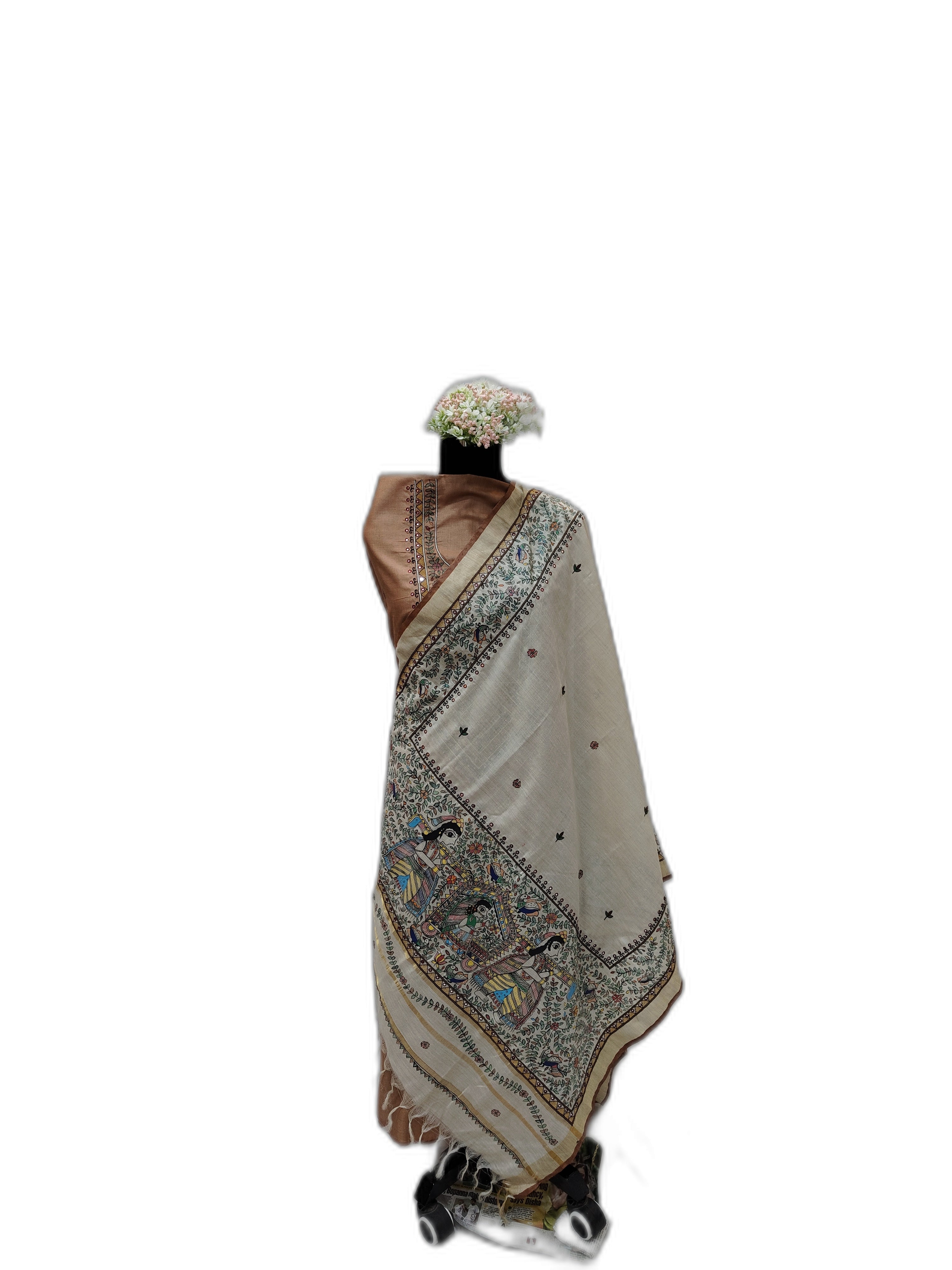 Hand-Painted &  Hand Embroidery (AARI WORK) Unstitched Suit Set on Handwoven Tussar Munga Silk