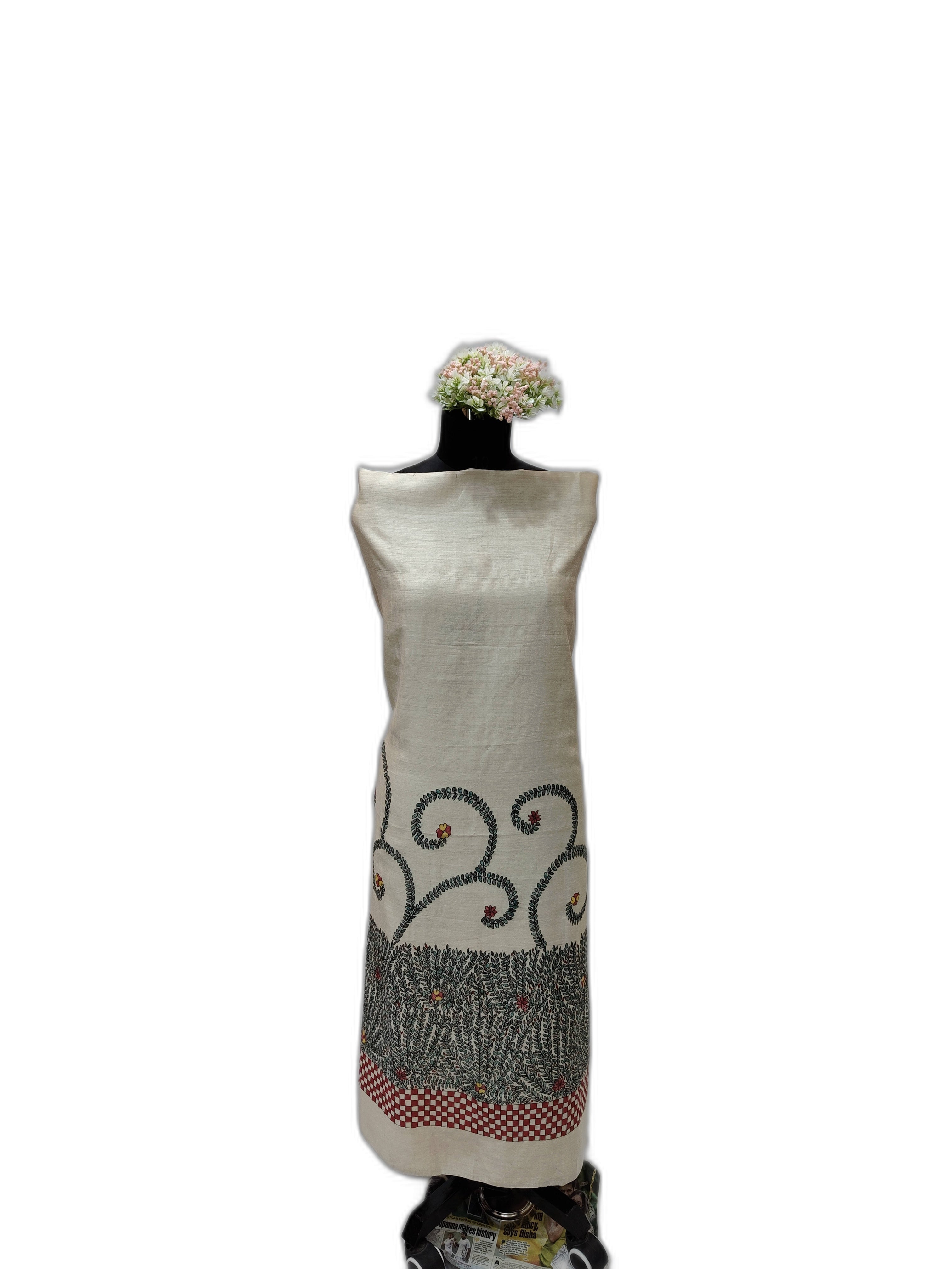 Hand-Painted Unstitched Tussar Munga Silk Kurti & Dupatta Set - Floral and Fauna