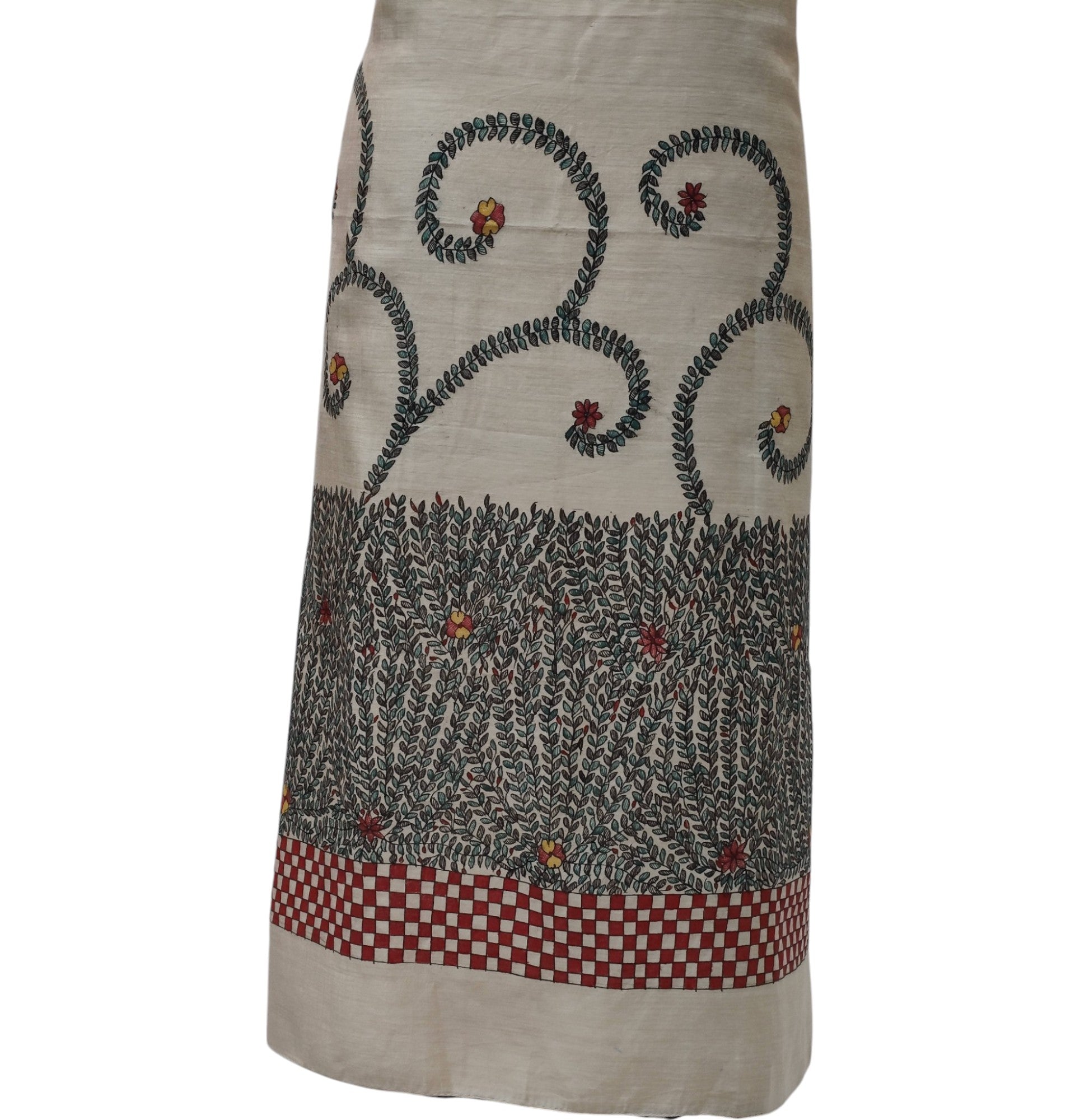 Hand-Painted Unstitched Tussar Munga Silk Kurti & Dupatta Set - Floral and Fauna