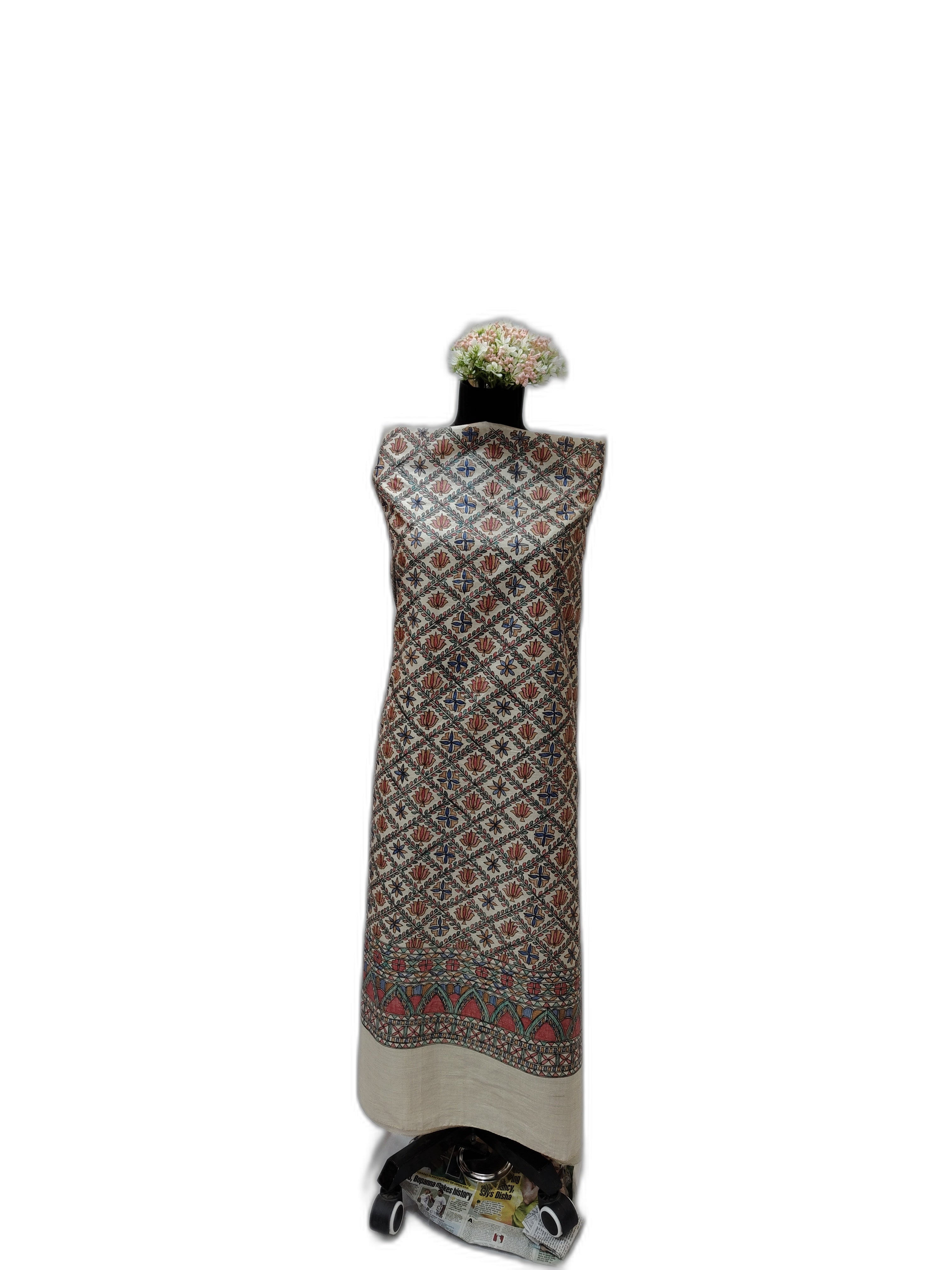 Hand painted All Over Madhubani Unstitched Suit Set on Tussar Munga Silk