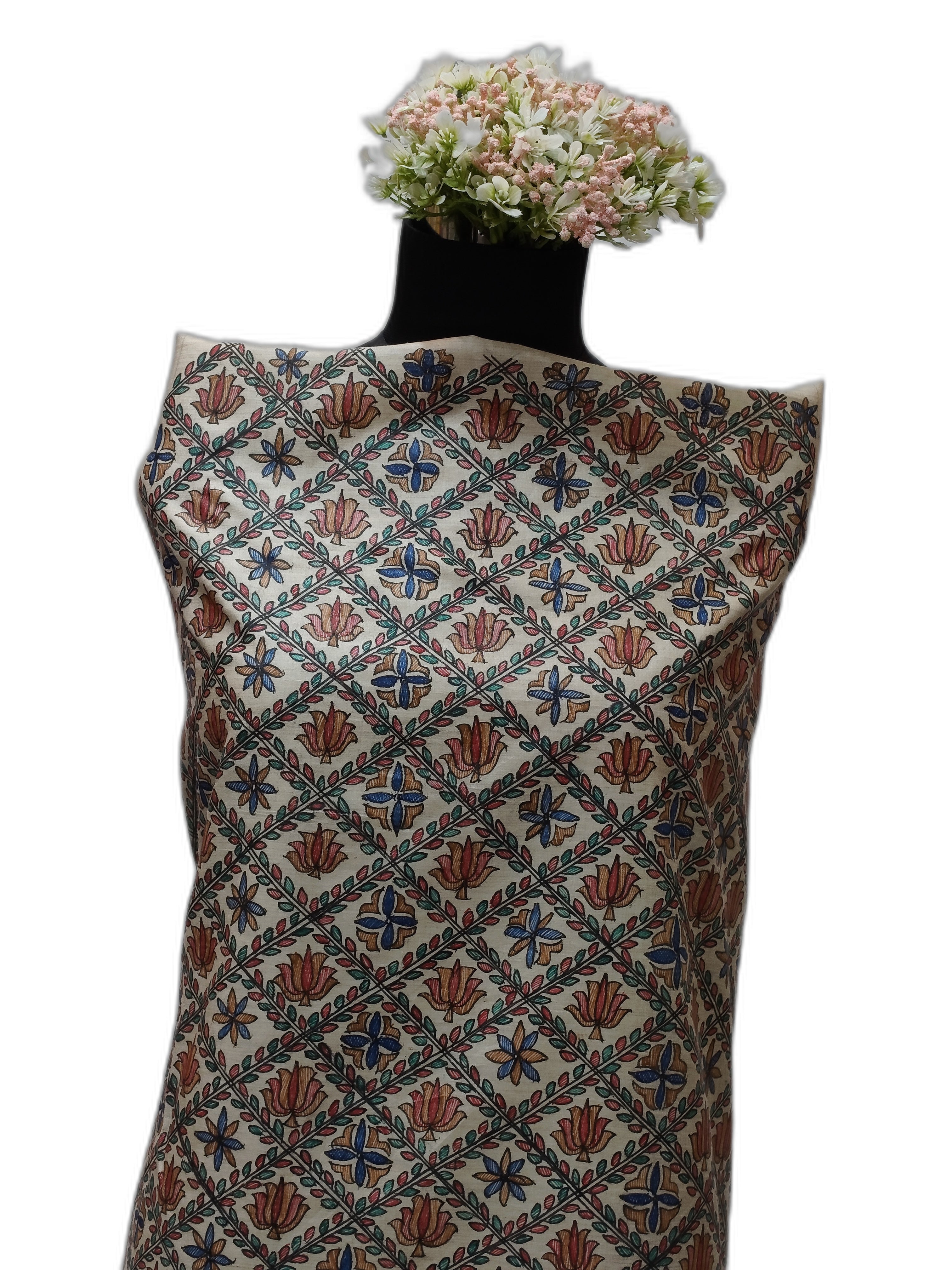 Hand painted All Over Madhubani Unstitched Suit Set on Tussar Munga Silk